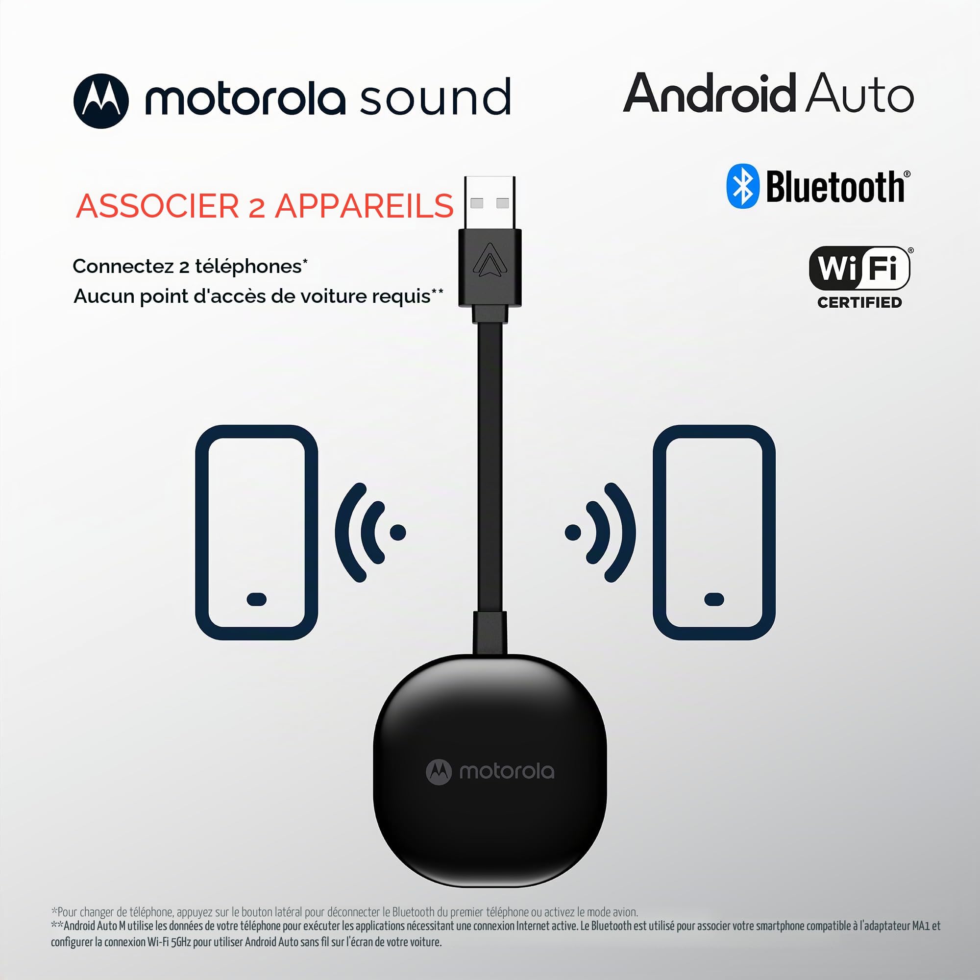 Motorola Sound MA1 - Le Seul Adaptateur de Voiture Android sans Fil autorisé par Google - Connexion instantanée du Smartphone à l'écran de la Voiture avec Une Configuration Facile
