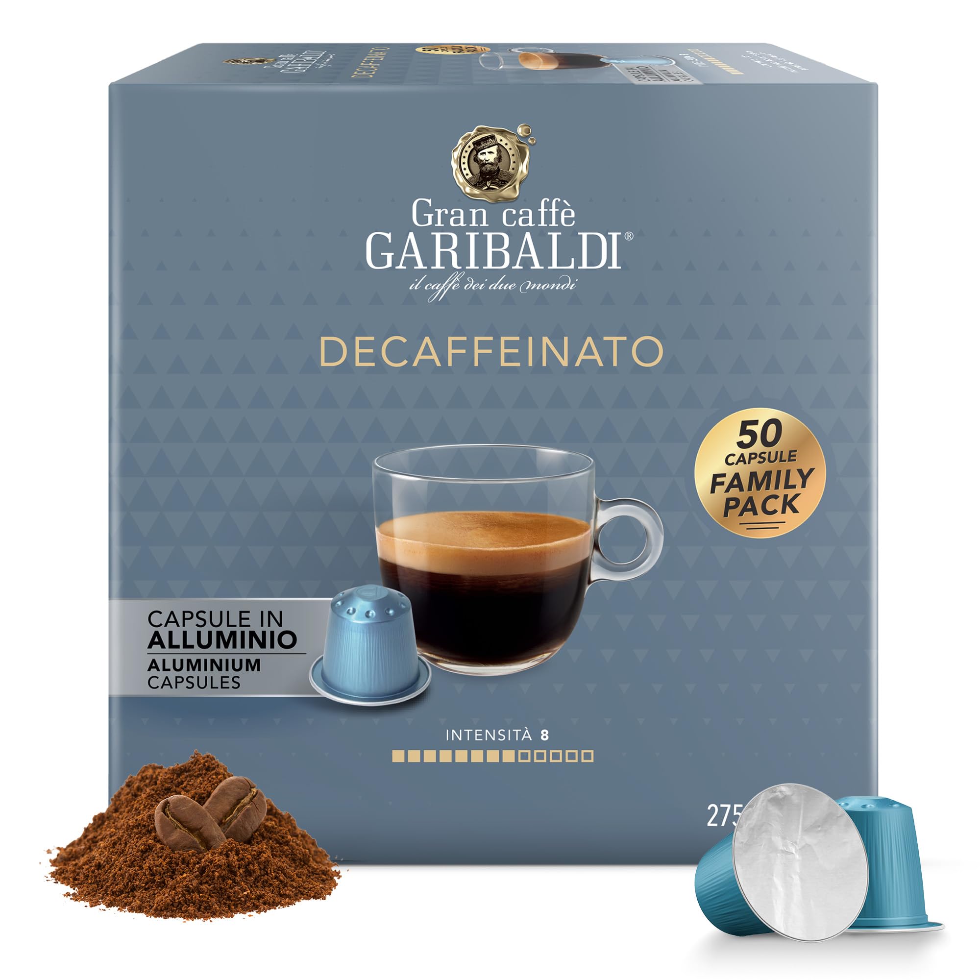 Gran Caffè Garibaldi Decaffeinated Espresso Pods, Italian Roast Coffee, Decaf Capsules Compatible with Nespresso Original Line Machines, Nitrogen Flushed, Intense & Rich Aroma - Decaffeinato (Aluminum) 50 Cups