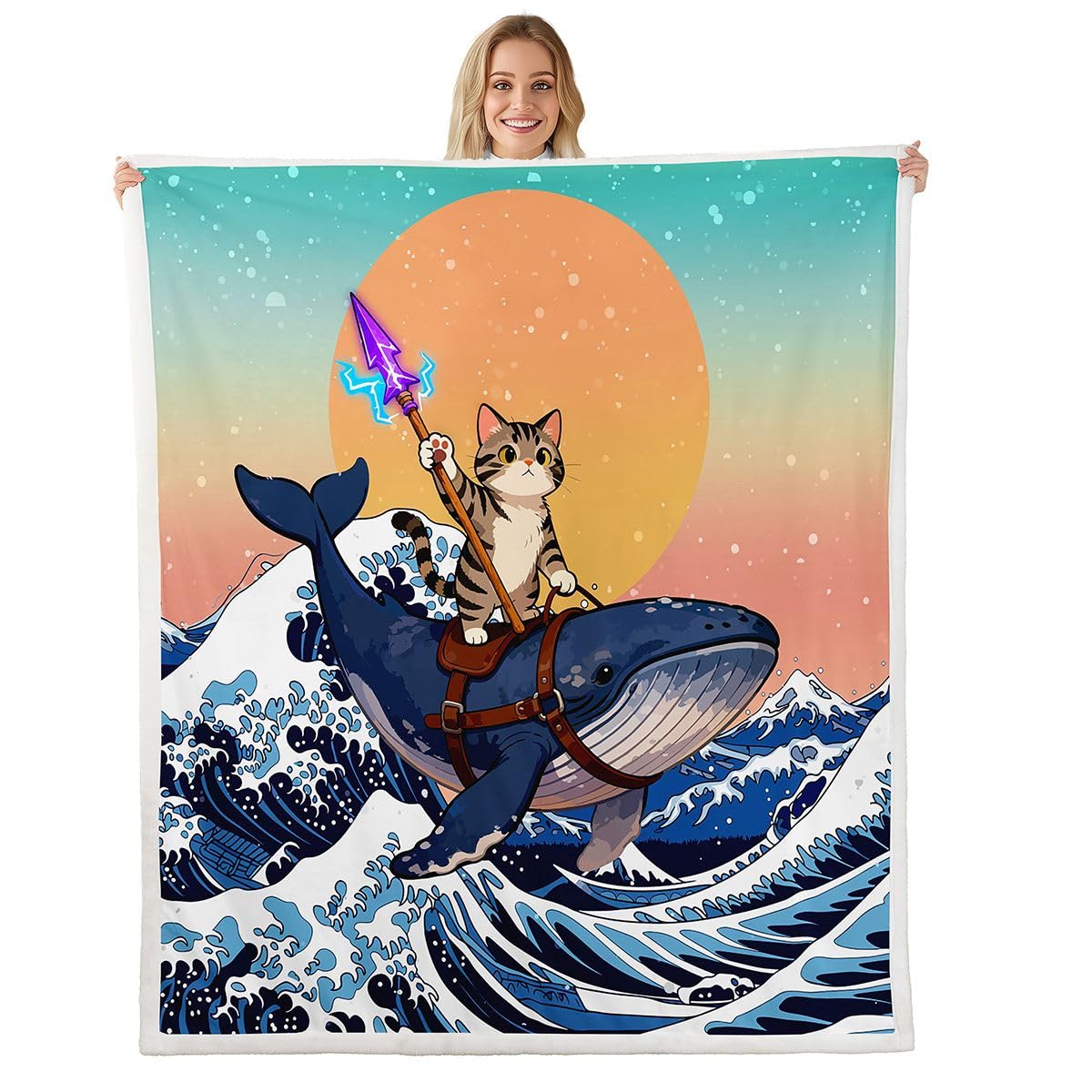 Homewish Uroczy odważny kot puszysty pluszowy narzuta niebieski Ukiyoe ocean fale polarowy koc Japonia zabawny kreskówka wieloryb szerpa koc - japoński pomarańczowy żółty zachód słońca dekoracja na