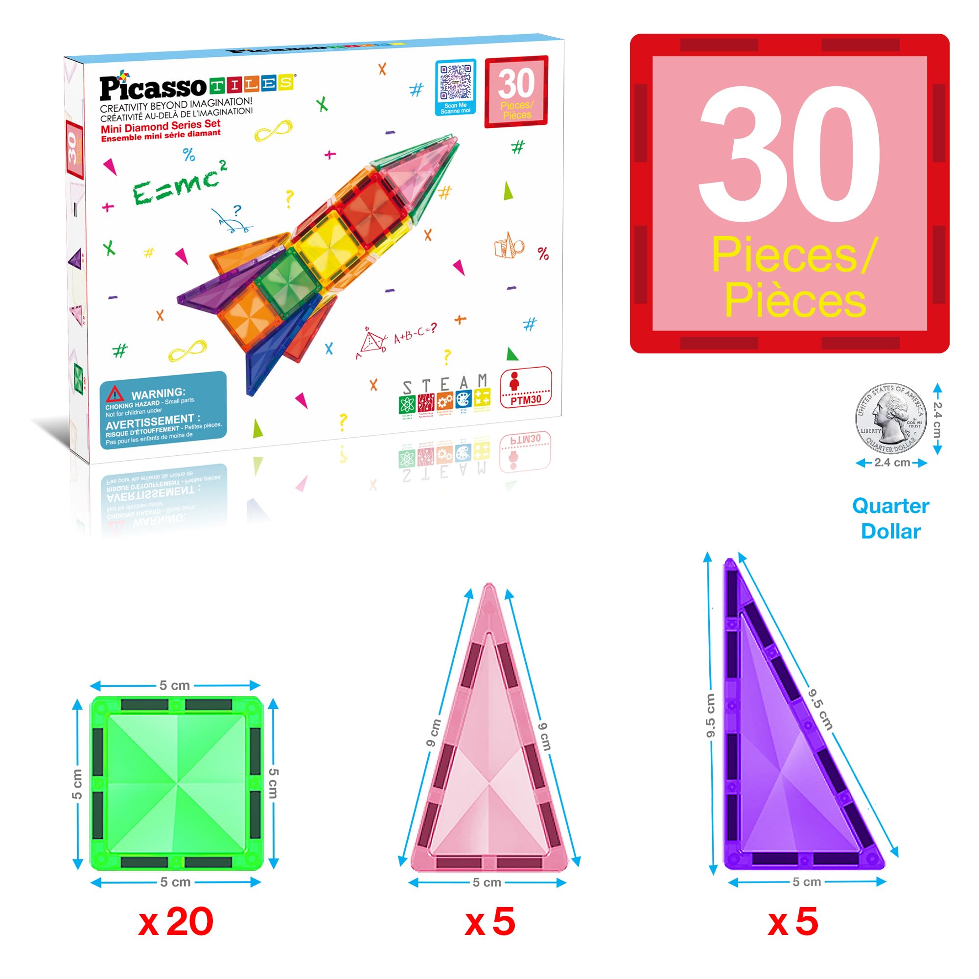 PicassoTiles 30 pezzi Blocchi magnetici Dimensioni da viaggio della serie Mini diamante Set di giocattoli da costruzione magnetici in movimento Kit didattico STEM Playset Educativo Cervello Bambino