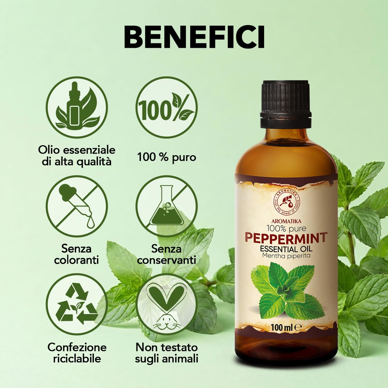 Olio essenziale di Menta Piperita 2x100 ml - Mentha Piperita - Naturale e Puro - Olio essenziali per Diffusori - Profumi per la Casa - Saponi e Candele - Sauna - Aroma Fresco - Aromaterapia