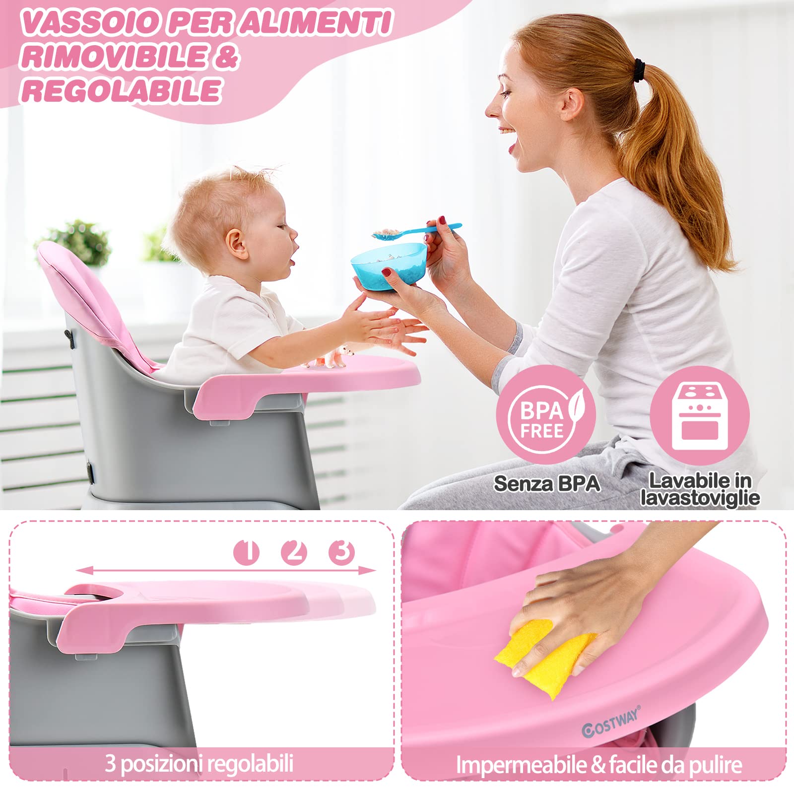 COSTWAY 6 in 1 Seggiolone Pappa per Bambini, Seggiolone per Neonati Convertibile, con Vassoio Rimovibile e Regolabile, Imbracatura a 5 Punti, Tavolo per Costruzioni, per Bambini 6+Mesi (Rosa)