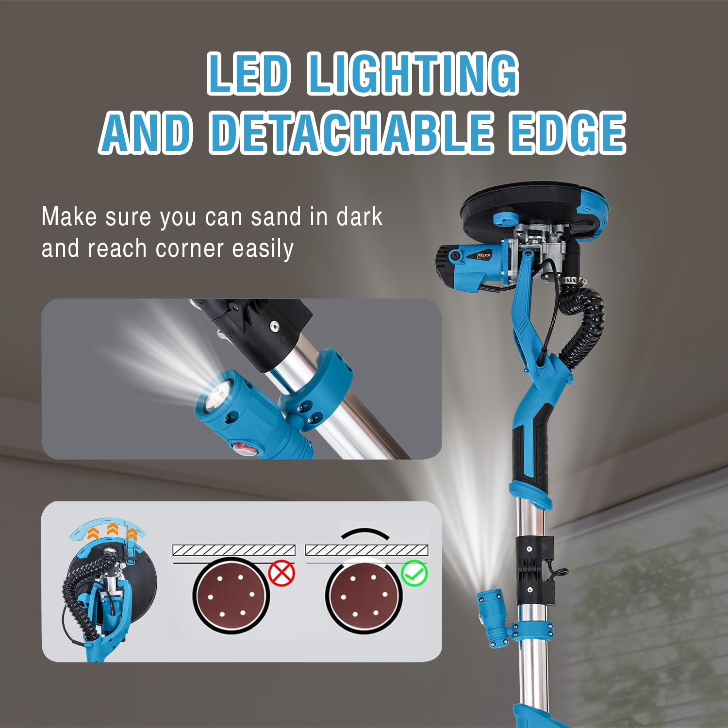 KATSU Tools Lijadora eléctrica para paneles de yeso de 950 W con doble disco (redonda + triangular), mango telescópico de aluminio, linterna LED, 6 velocidades variables, 12 papeles de lija, para