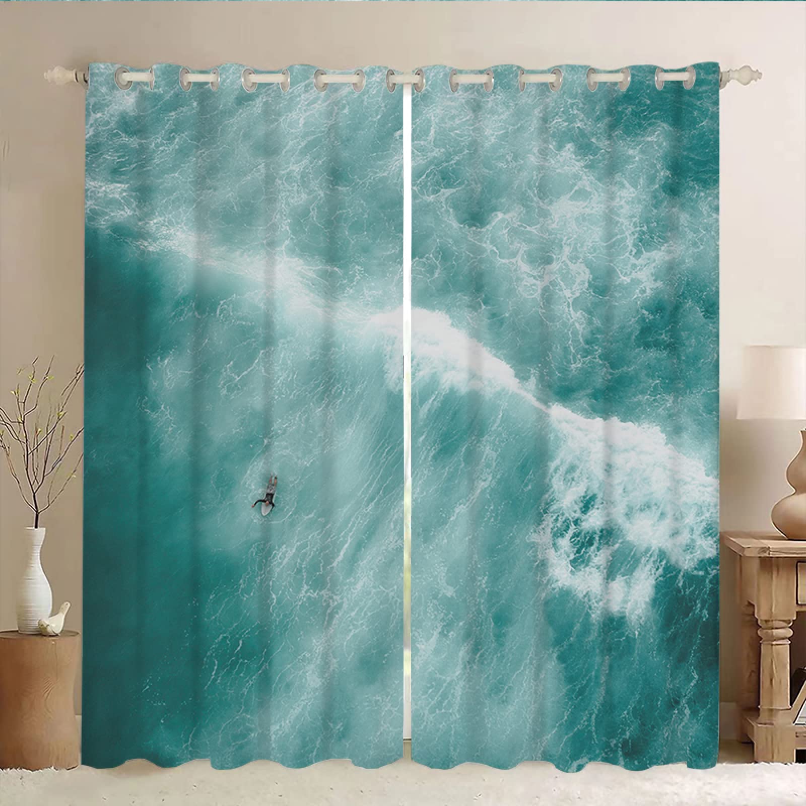 Zasłona zewnętrzna, kolor szałwii, z mikrofibry, nieprzejrzysta, do sypialni, zestaw 2 z oczkami, 245 x 140 cm (wysokość x szerokość), izolacja akustyczna, ochrona przed słońcem, odporna na warunki atmosferyczne
