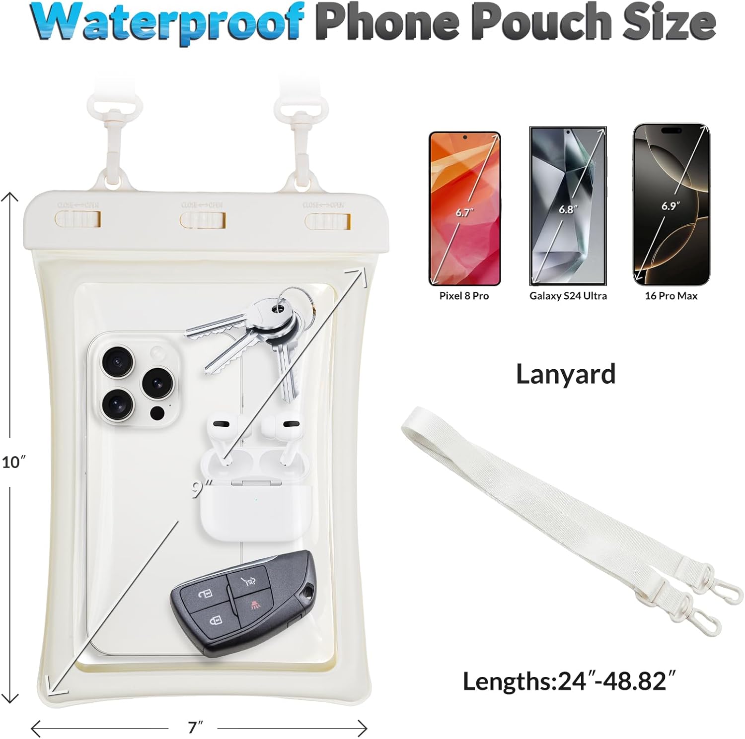Large Waterproof Phone Pouch 10 IN, IPX8 Waterproof Phone Case for Cellphone with Adjustable Lanyard, Dry Bag, Floating Beach Bag Water Protector Pouch for Cruise Vacation Ship Essentials (White)