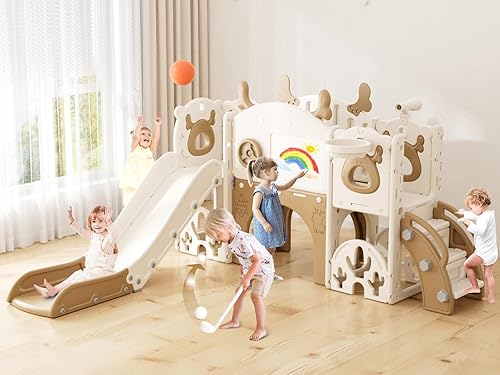 XJD Tobogán para niños pequeños, juego de tobogán 13 en 1 para niños, nueva actualización con set de golf, aro de baloncesto, pizarra para juego de