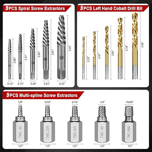 Miniatura 2 de Juego de 15 extractores de tornillos, juego de extractores fáciles de sacar, broca de mano izquierda, extractor de cabeza hexagonal, kit de acero