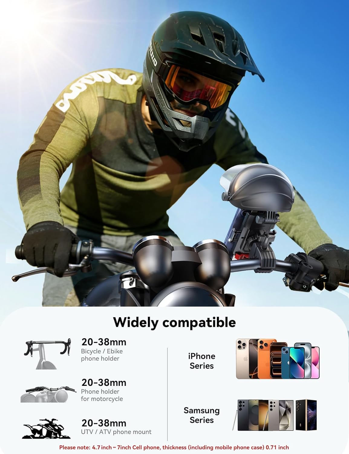 JOYROOM Motorcycle Phone Mount Holder, [All-Weather Sunshade & 120mph Secure Lock] Phone Holder for Motorcycle ATV UTV, [Metal Lock] Handlebar Phone Mount for iPhone 17 16 15 14 Pro, All 4.7-7" Phones