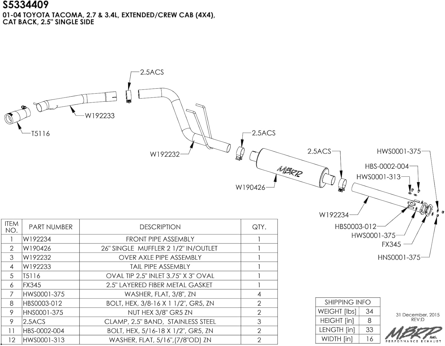 MBRP S5334409 T409 2 1/2" Cat Back, Single 4WD Only
