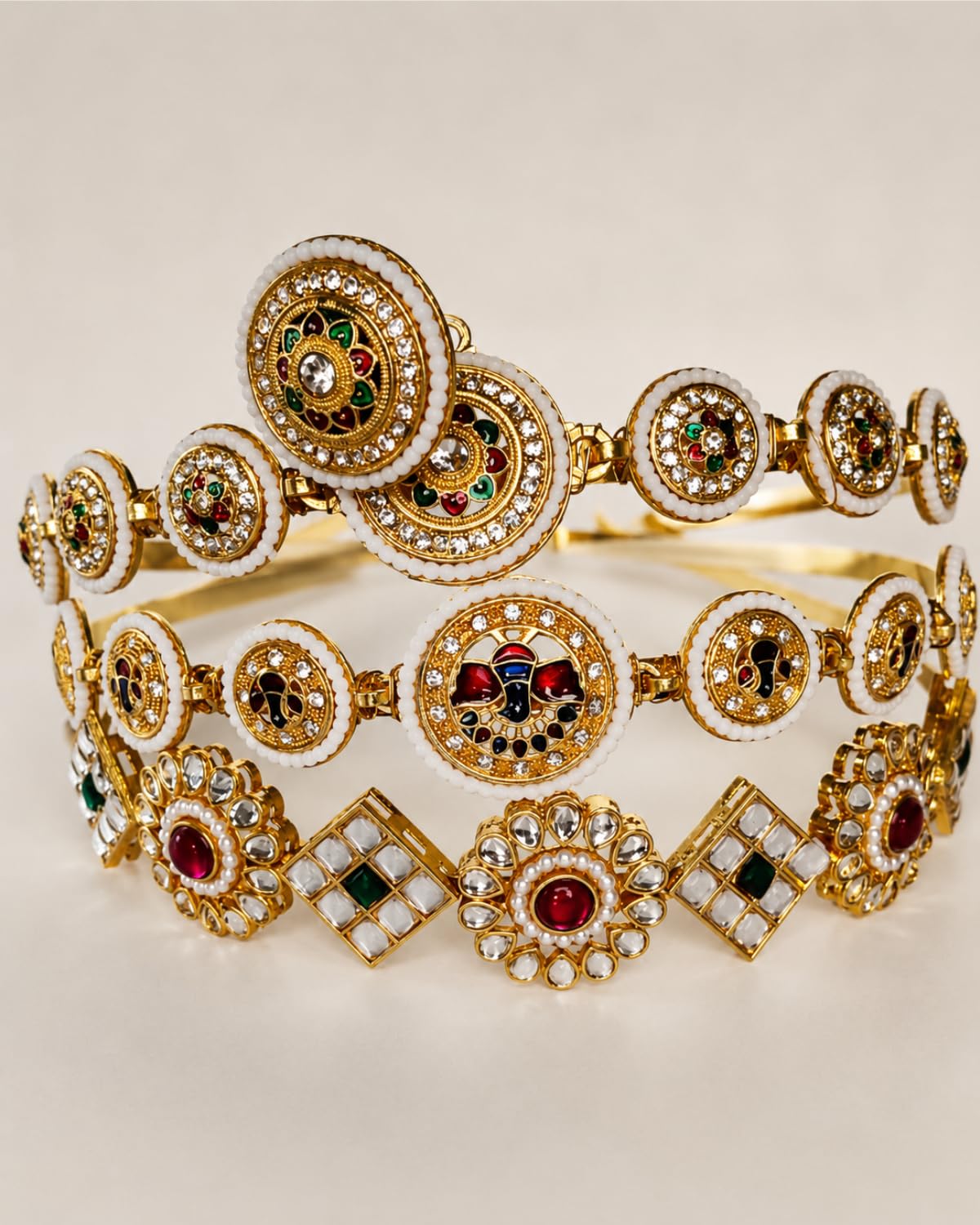 Kundan Matha Patti for Women | Traditional Gold Plated Wedding Hair Accessories for women | 3- Unique Bridal Mathapatti Headbands for Wedding, Festival (Pack of 3)-image-17