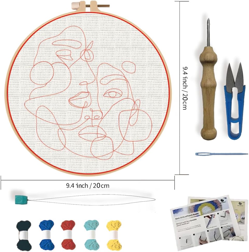 FREEBLOSS DIY Punch Needle Kit for Beginners Abstract Face Embroidery Punch Needle Starter Craft Set with Instructions Embroidery Hoop Complete Tools for Adults Gift Decoration, 7.9"/20cm