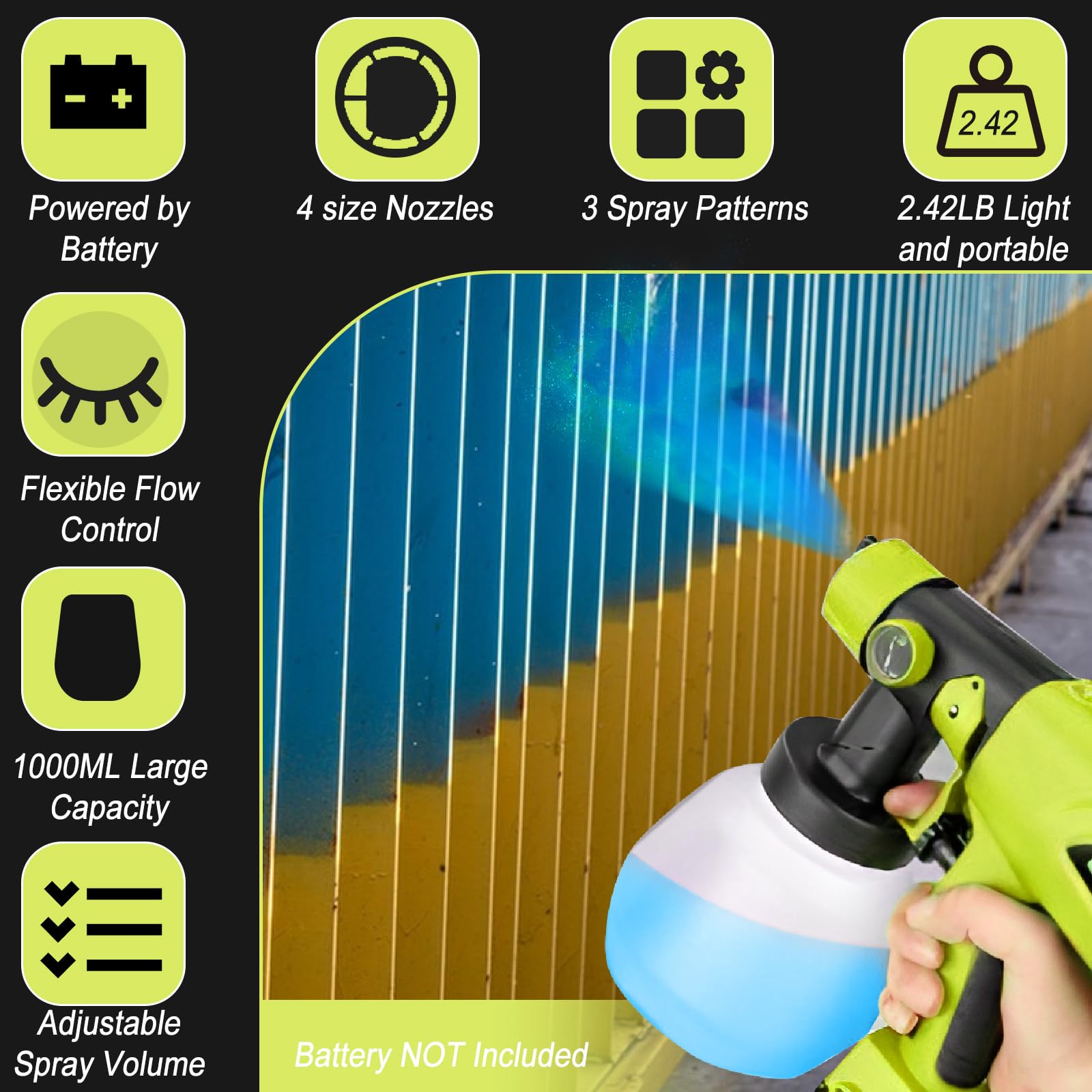Sistema de pulverización recargable compatible con batería Ryobi de 18 V, pistola de pulverización de pintura eléctrica, pistola de pintura portátil con 4 boquillas, 3 patrones, contenedor de pintura
