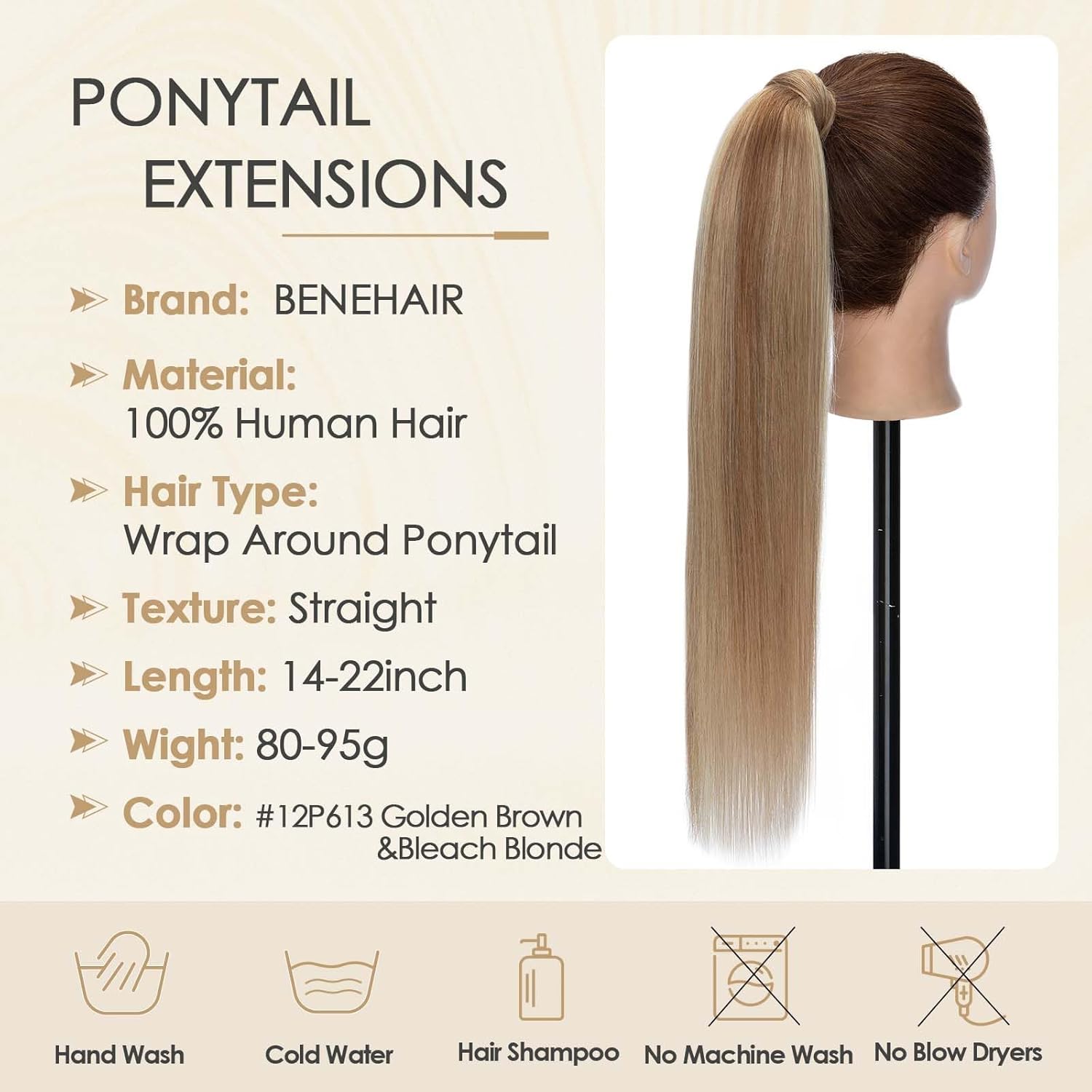 Benehair Ponytail Extension Wrap Around Ponytail Hair Extension with Magic Paste Human Hair Natural Long Straight One piece Hairpieces for Women 22inch Adding Volume Golden Brown&Bleach Blonde #12P613