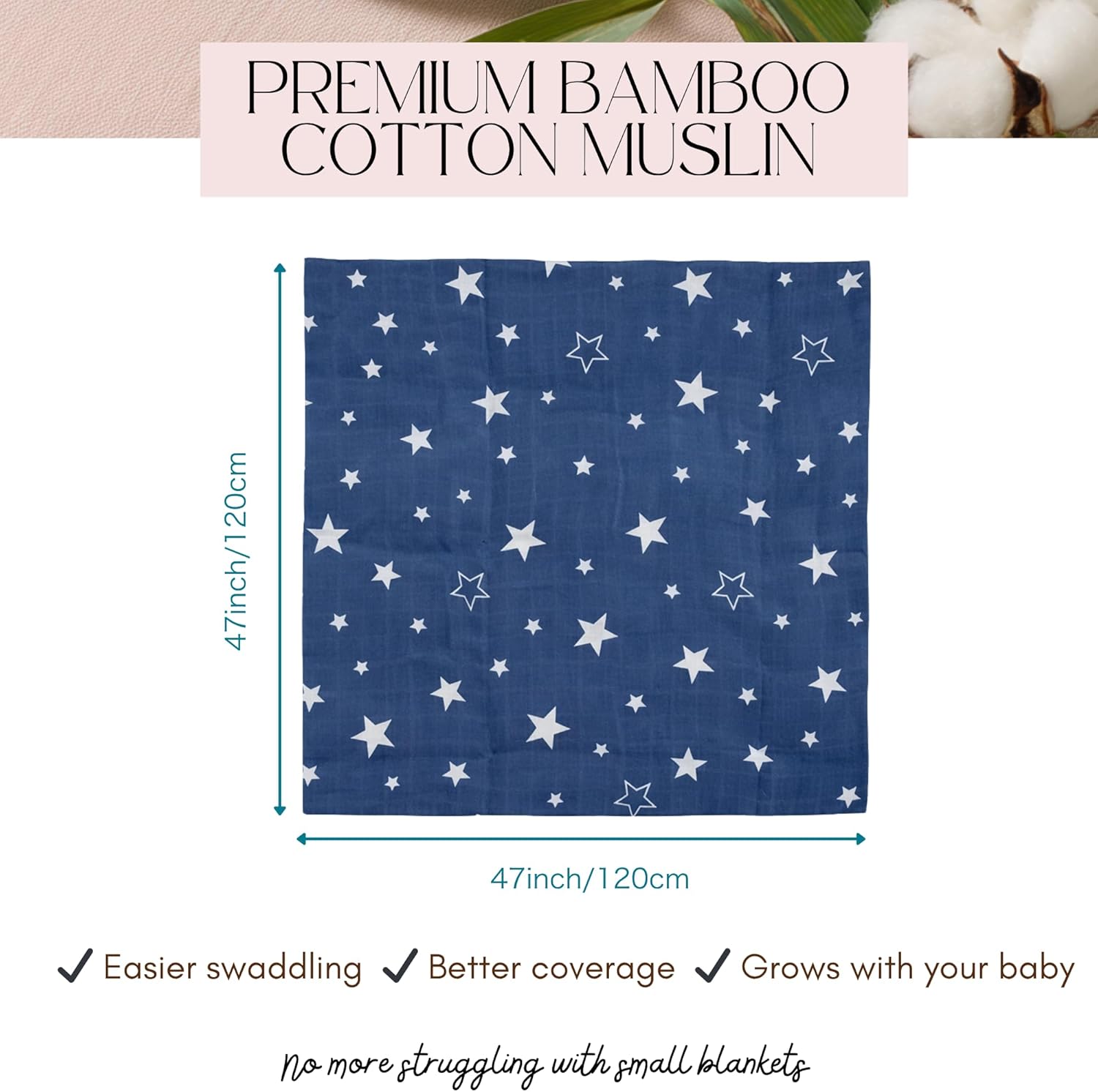 Bamboo Muslin Swaddle Blankets for Newborn – 70% Bamboo 30% Cotton, Oversized 47×47 Lightweight Breathable Baby Receiving Blankets, 2 Pack – Nordic Dream Neutral Nursery Gift