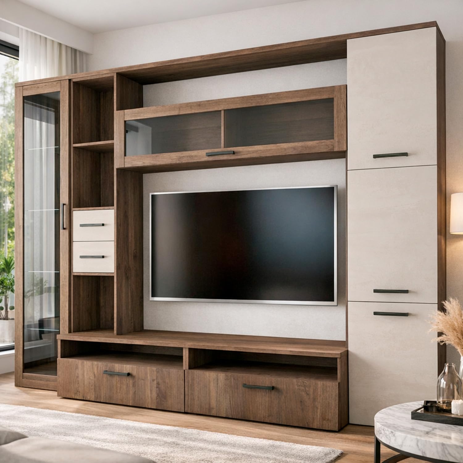 Arreditaly Parete Attrezzata Soggiorno Mobile Porta TV Con Vetrina E Cassetti Design Moderno Industrial Chic Con Ampio Vano TV Per Salotto Zona Living 270 x 213 x 50 Cm (Noce Spatolato)