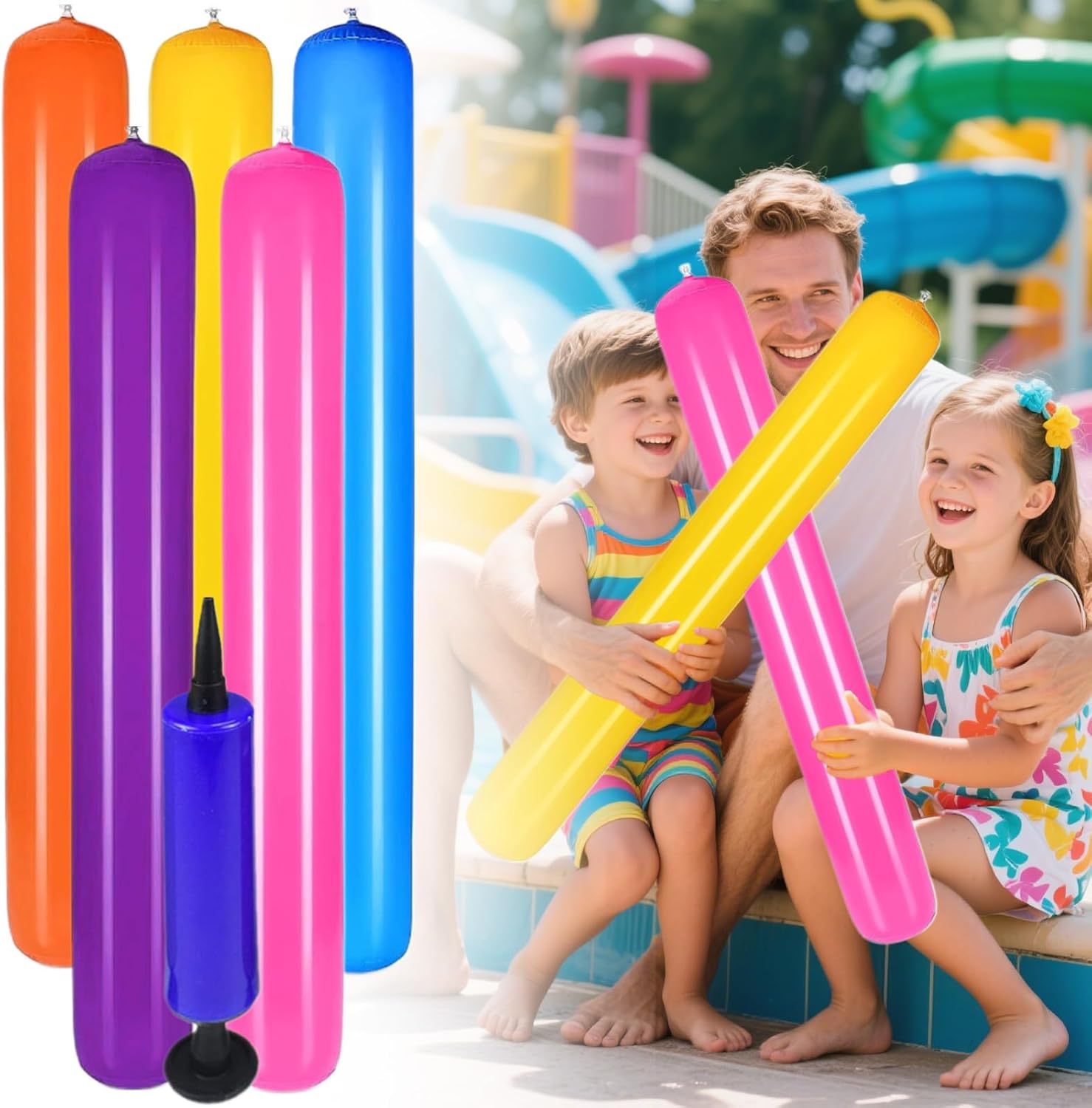 Inflatable Pool Noodle - 5 Piece Swimming Float Stick Set with Pump, Portable Water Float for Adults & Kids, Durable PVC Floating Stick for Lake, Beach, Travel & Outdoor Water Sports