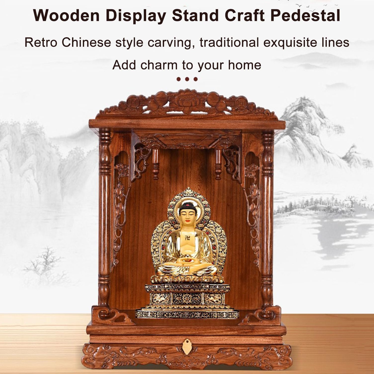 Altar budista para colgar en la pared, estante de madera Pooja Mandir para el hogar, mesa de meditación de oración sintoísta, altar ancestral para exhibición de estatuas de Buda