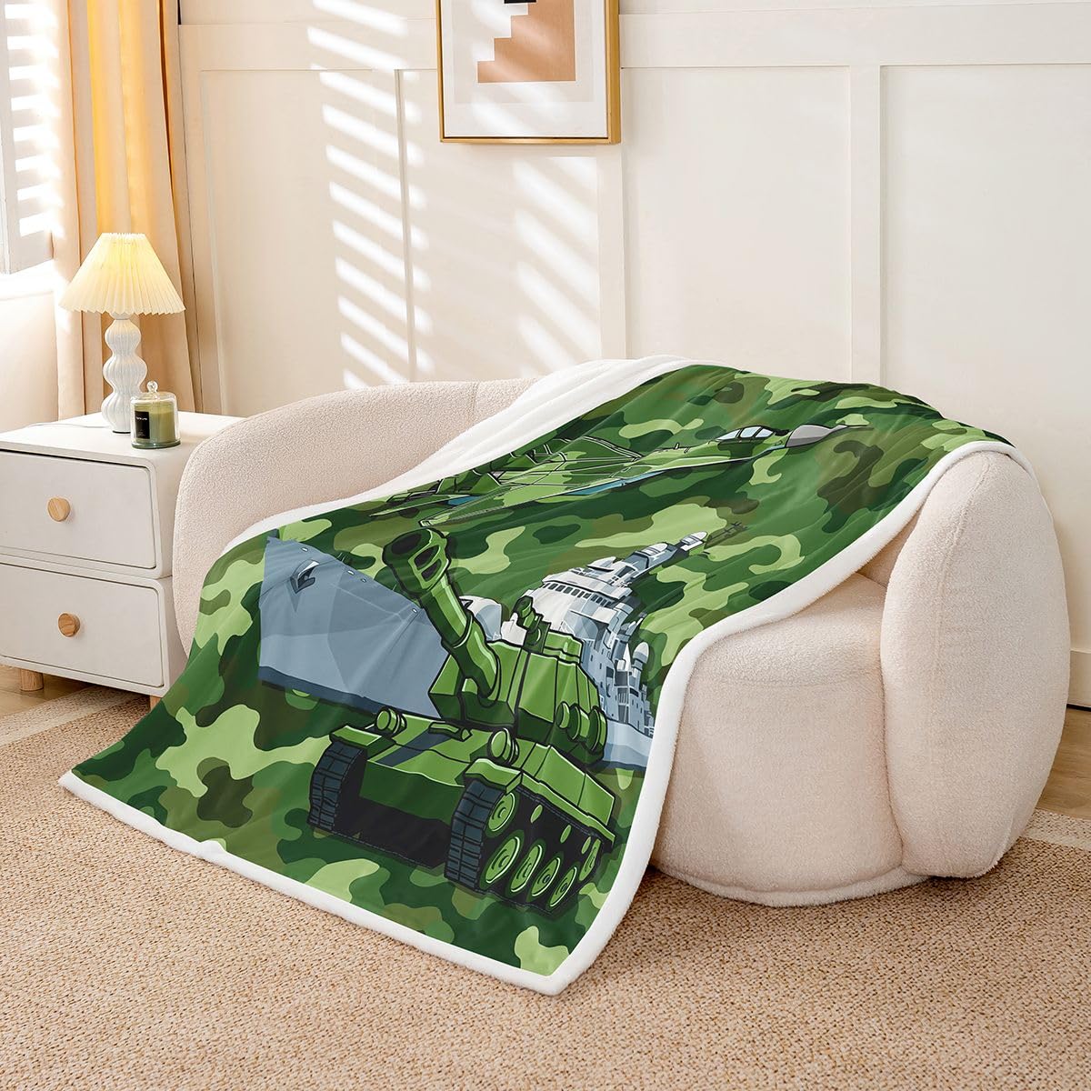 Jetés de lit thème guerre couverture polaire camouflage char vert enfant