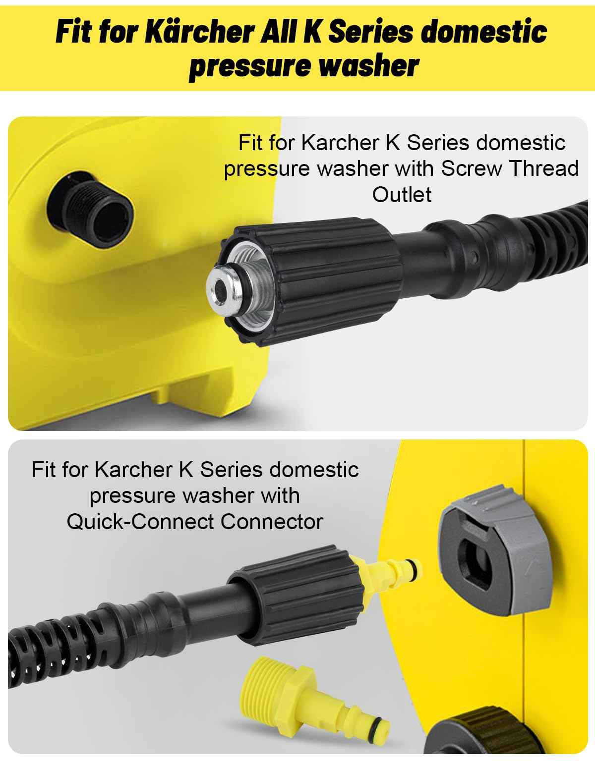YUET Tubo di ricambio per idropulitrice ad alta pressione, 15 m, per rondelle Kärcher serie K Domestic K2, K3, K4, K5, K7, K2 vecchio modello, tappo a scatto M22 (14 mm), connettore rapido, prolunga