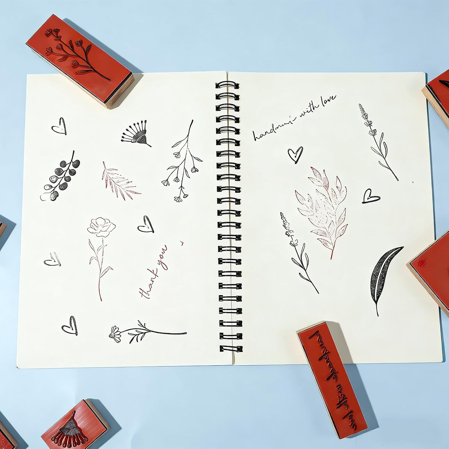 6Pcs Wooden Rubber Stamp Set, Vintage Rubber Stamps for Crafting, Heart, Plant Flowers, Handmade with Love Journal Stamps for Arts & Crafts, Stationary, Scrapbooking, School Projects, Journals