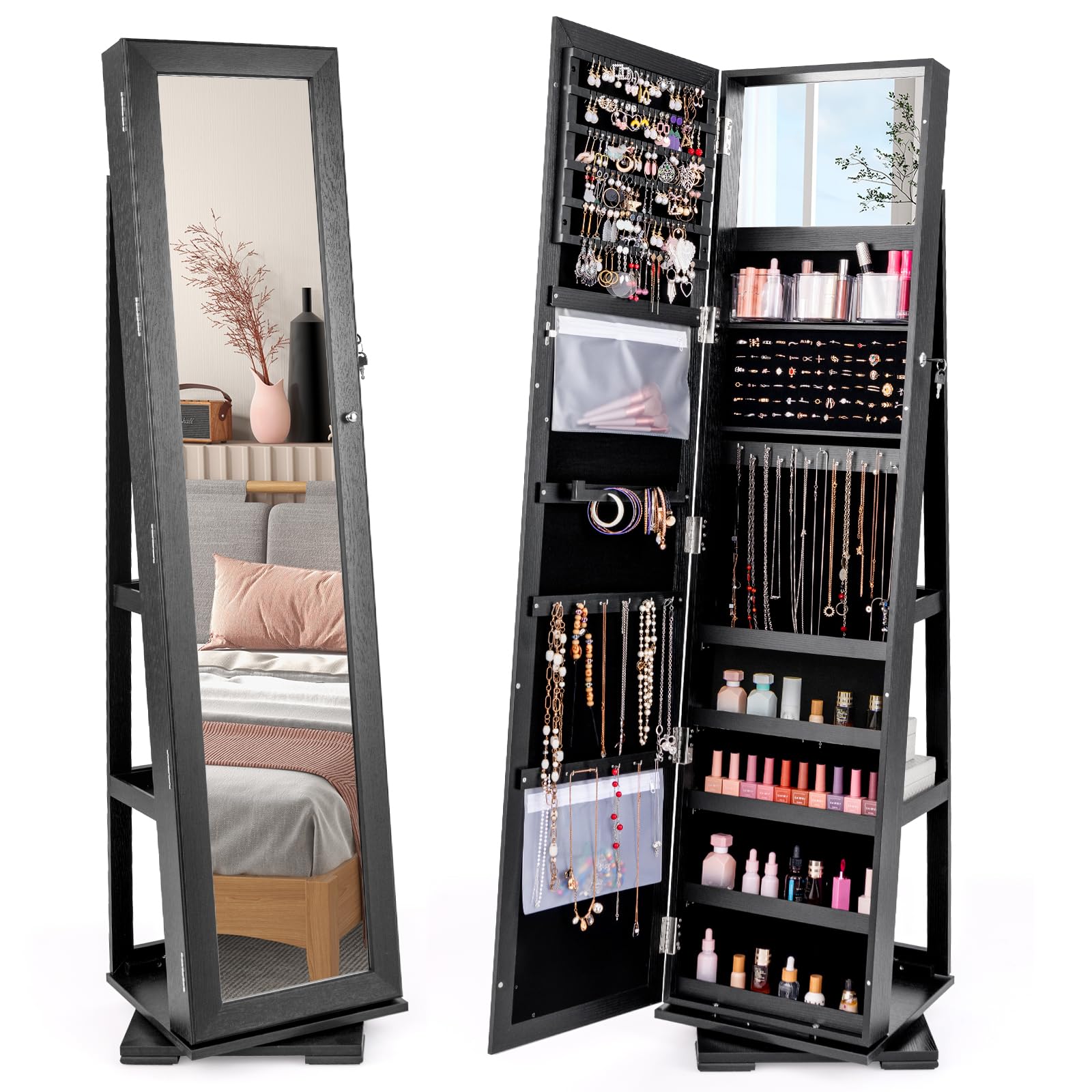 RELAX4LIFE 3-in-1 Schmuckschrank drehbar, mit Ganzkörperspiegel & eingebautem kleinen Spiegel, Spiegelschrank & Schmuckregal, Schrank für Schmuckaufbewahrung, abschließbar (Schwarz)