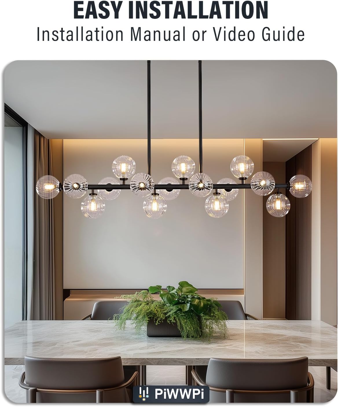 Large Linear Chandeliers for Dining Room Kitchen Island, 55" Long Light Fixture Over Table, 16-Light Modern Glass Globe Sputnik Farmhouse Chandelier, Black and Clear Bubble, GC-08