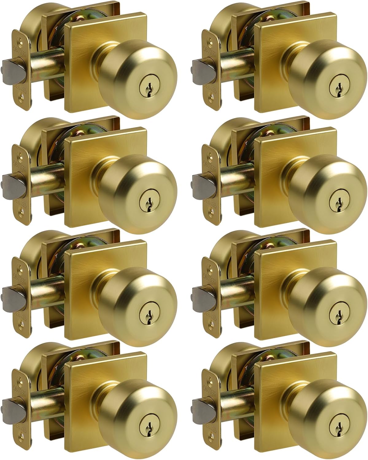 Bamberg 700SQ Privacy Door Knob with Key, Interior/Exterior Door Knob for Bedroom, Bathroom, Front Door, Left or Right Doorknob with Lock (Gold, 8-Pack)