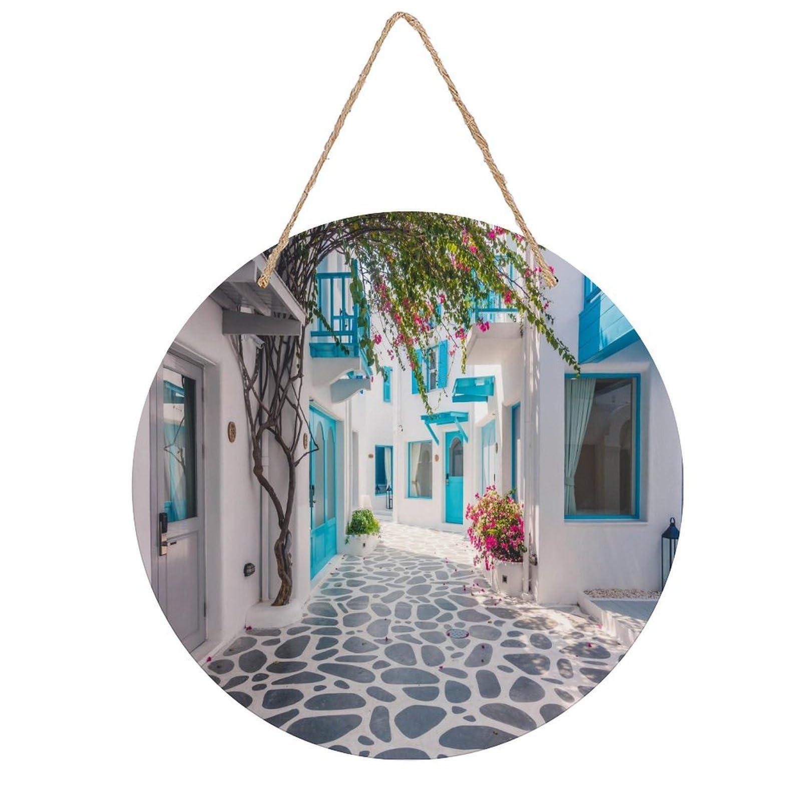 FekiLoot Greece Street Wall Art Decor Rustic Welcome Sign Round Wood Hanging Sign Decoration Wood Plaque Door Hanger Wooden Signs Wall Hanging Decor Housewarming Gift for Home Outdoor Indoor