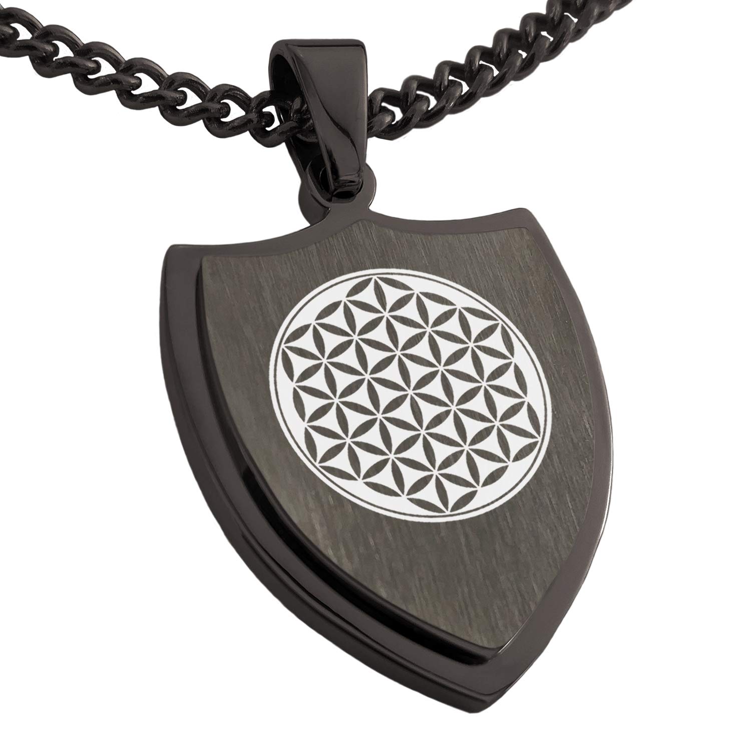 Tioneer Gunmetal Stainless Steel Flower of Life Shield Pendant Necklace
