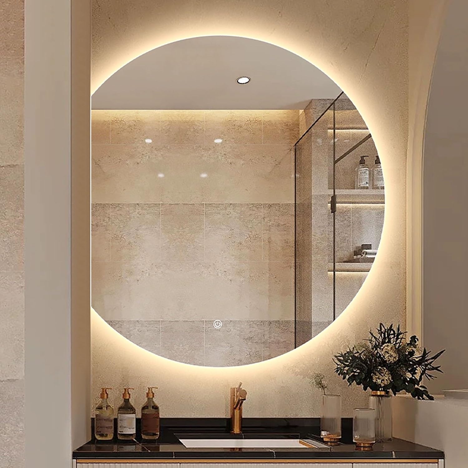 SXFSDOU Smart LED Bathroom Mirror with Anti-Fog 100cm Round Wall 90cm Irregular eless Makeup 3 Light Colors for Vanity (Left Cut 36in)