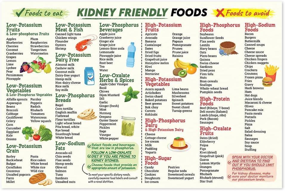 Kidney Awareness Poster, Low Potassium Food List, Kidney Friendly Food Guide, Nutrition, Foods to Eat and Avoid, Kidney Health Metal Tin Sign - 12x16 Inches