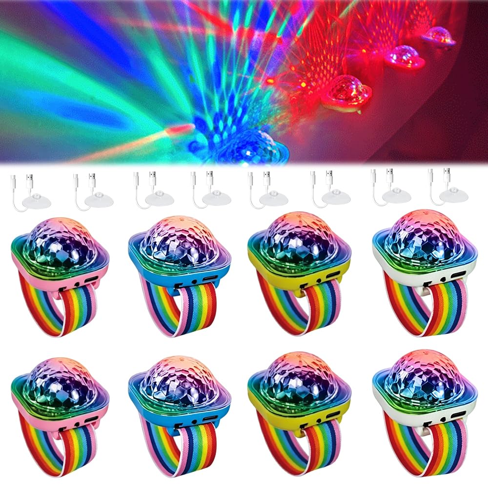 8 Stück Disco Ball Licht, USB Aufladen Discokugel Armband, Tragbare Discokugel Armband Partylicht mit Saugnapf, 5 Dynamische, Sprachgesteuert, für Party Auto Tanzen DJ Club, Weiß Rosa Gelb Blau