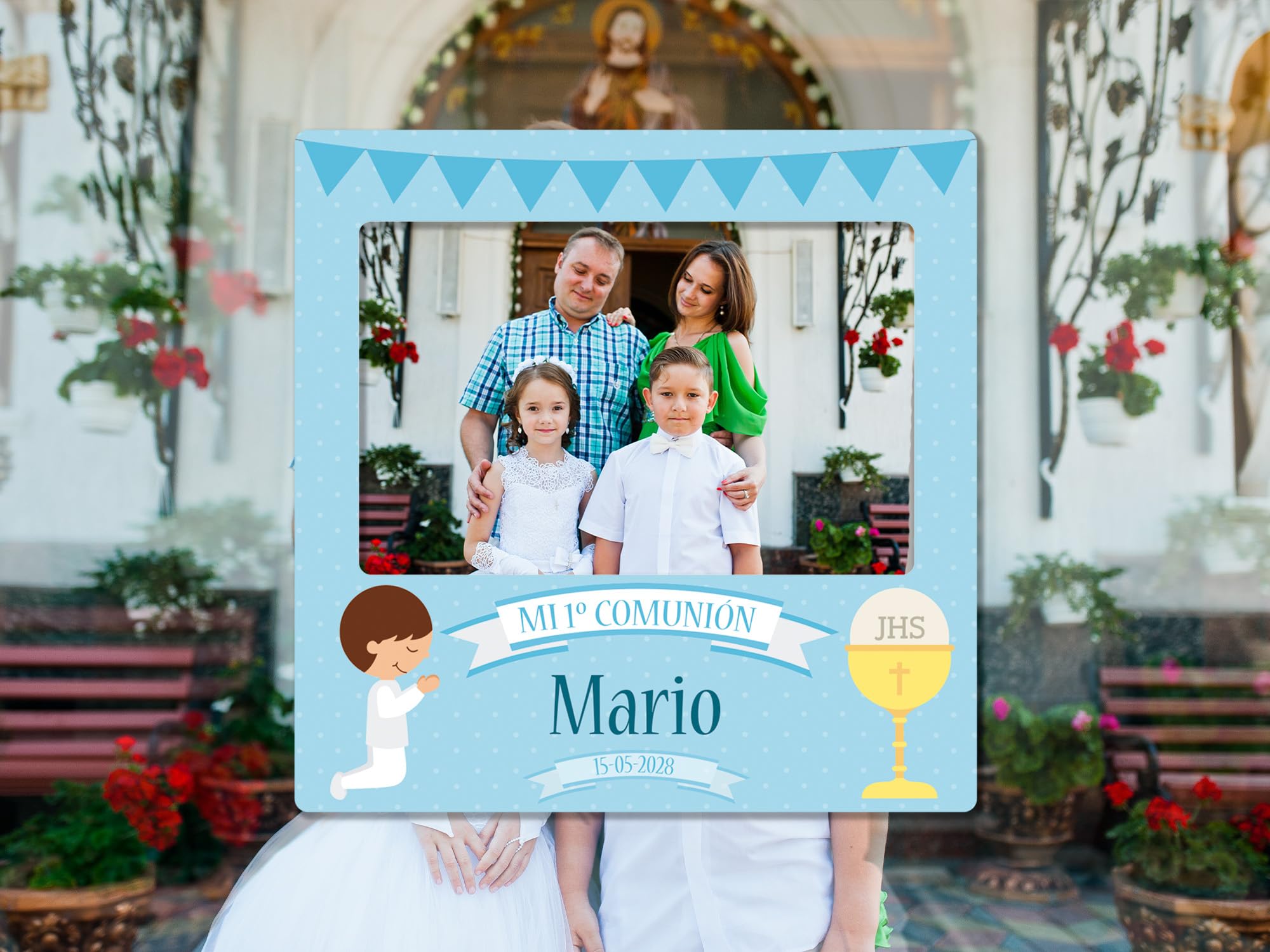 Oedim Photocall + Cartel Mi Primera Comunión Niño Azul Personalizado, 100x100cm, 75x48cm, Eventos o Celebraciones puntuales, Ventana Troquelada, Photocall Divertido