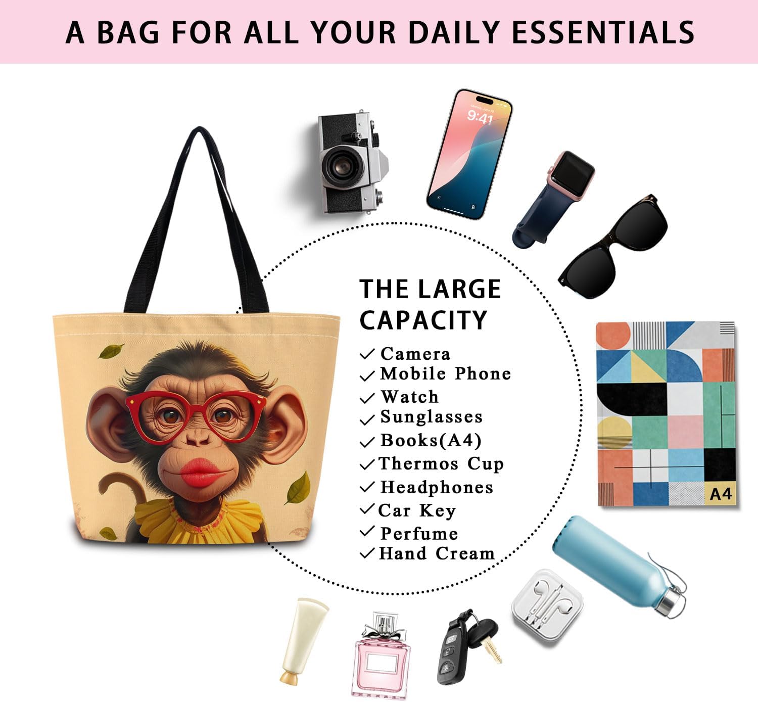 Funny Monkey Tote Bag Reusable Grocery Bags Aesthetic Shopping Shoulder Handbag with Interior Zipper Pocket Stylish Funny Monkey Present for Women - Image 7