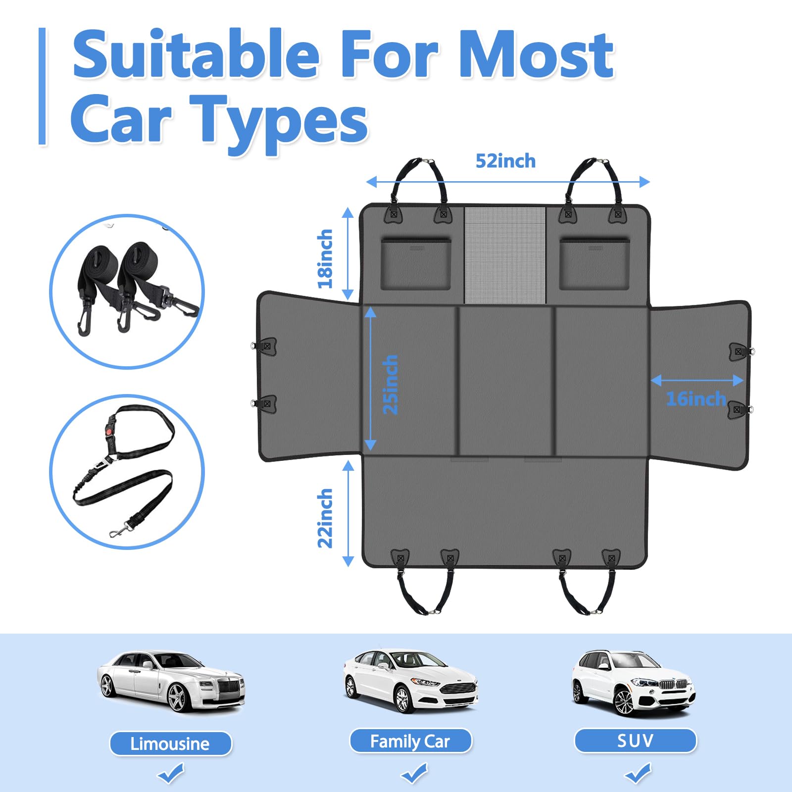 Hard Bottom Dog Car Seat Cover for Back Seat – Waterproof Nonslip Hammock Extender for Trucks & SUVs, Heavy Duty Pet Protector, Gray Faux Leather - image 6