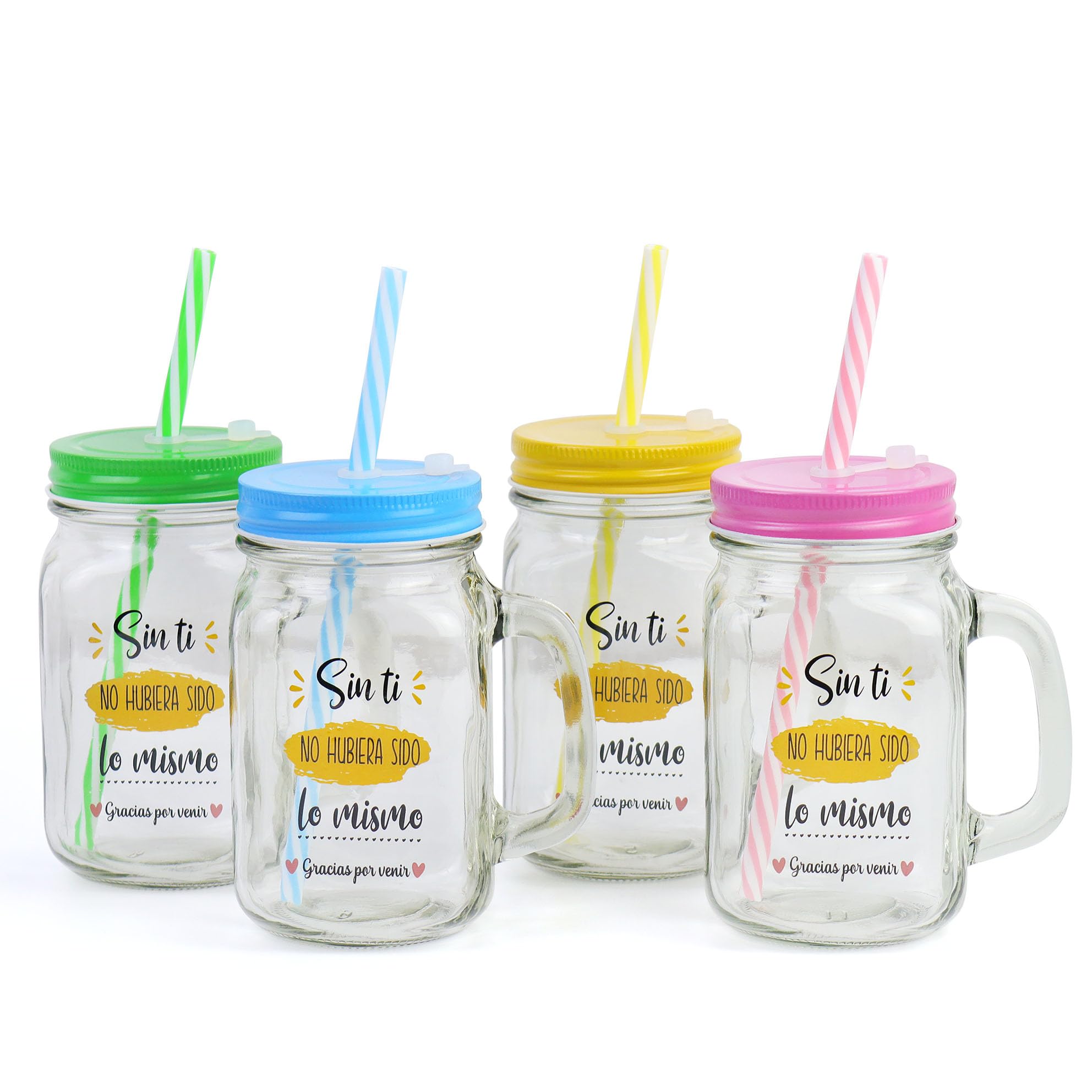 Pack de 6 a 24 uds, Jarras de Cristal con Frases Agradecimiento, Asa y Pajita, 480 ml, 13,5 x 7 cm, Modelos Surtidos No Personalizables, Detalles de Boda para Invitados, Regalantes (24, Surtido)