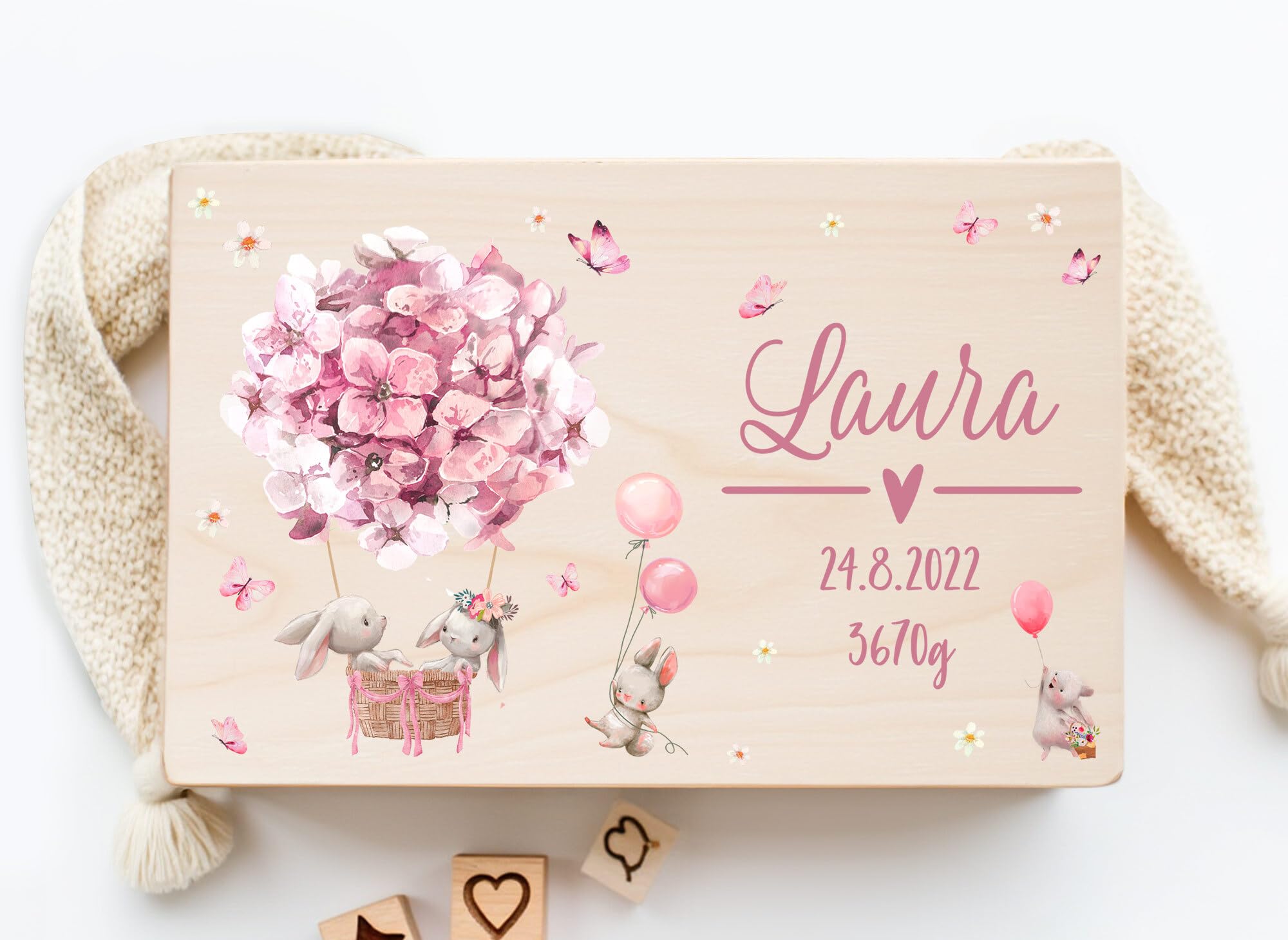 Little Deco Personalisierte Erinnerungskiste Baby Holzkiste | L - 40 x 30 x 22 cm | Hasen Geschenk Geburt Aufbewahrungskiste Geburtstag Spielzeugkiste für Mädchen XHL1023-01L