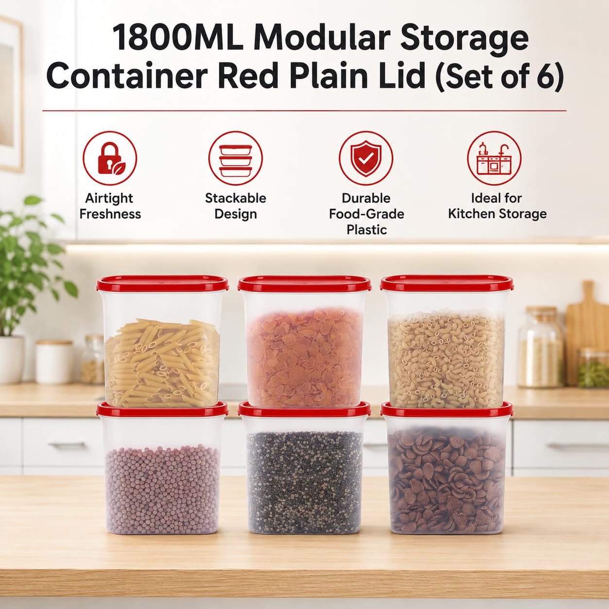 Cutting EDGE 1800ML Modular Storage Container Red Plain Lid (Set of 6) 2