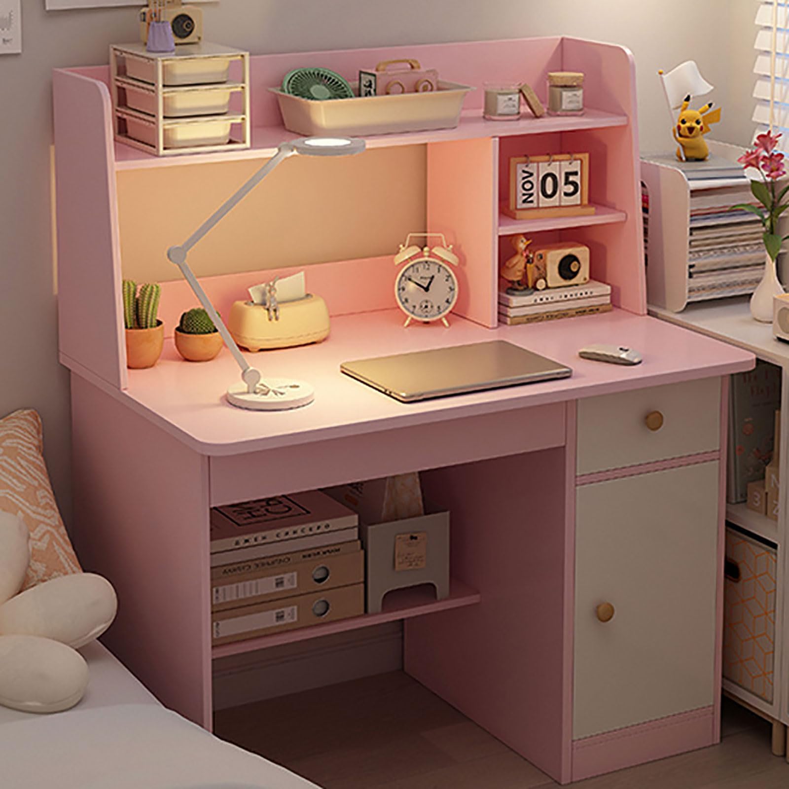 Escritorio Infantil Rosa con Estantería y Cajón, Mesa de Estudio Compacta con Armario y Baldas, Ordenador para Niños y Adolescentes, Mueble de Estudio que Ahorra Espacio para Dormitorio o Habitación