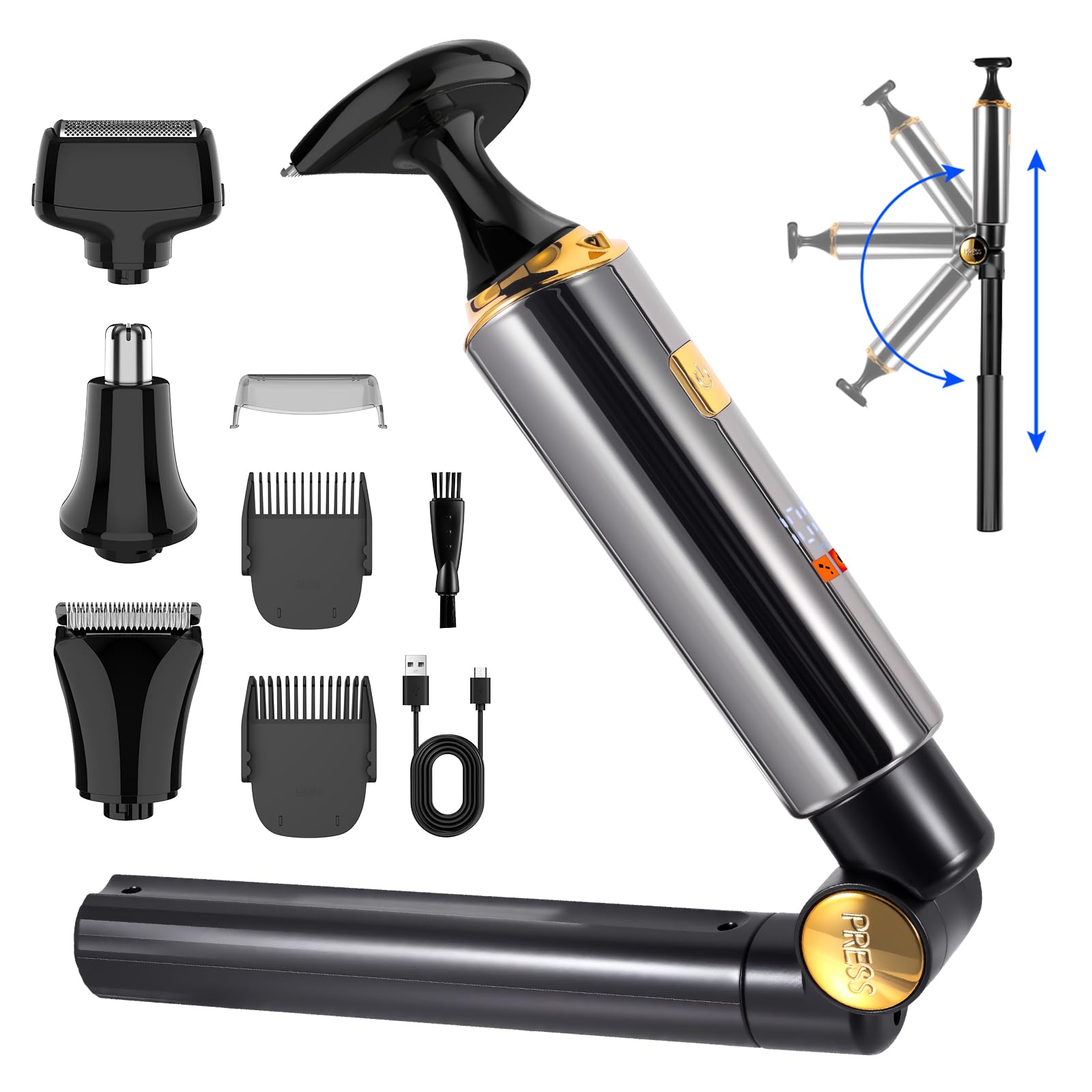 Hatteker Afeitadora de Espalda Eléctrica Kit 4 en 1 para Hombre Recortadora Corporal con Brazo Auxiliar Extensible Impermeable para Rostro, Barbilla, Brazos, Espalda y Vello Púbico