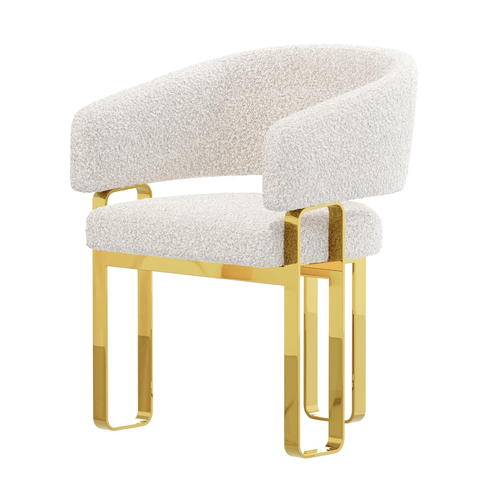 Anewsun Boucle Barrel Single Chair, White and Gold Modern Dining Chair with Polished Gold Legs, Sherpa Accent Chair with Curved Backrest for Living