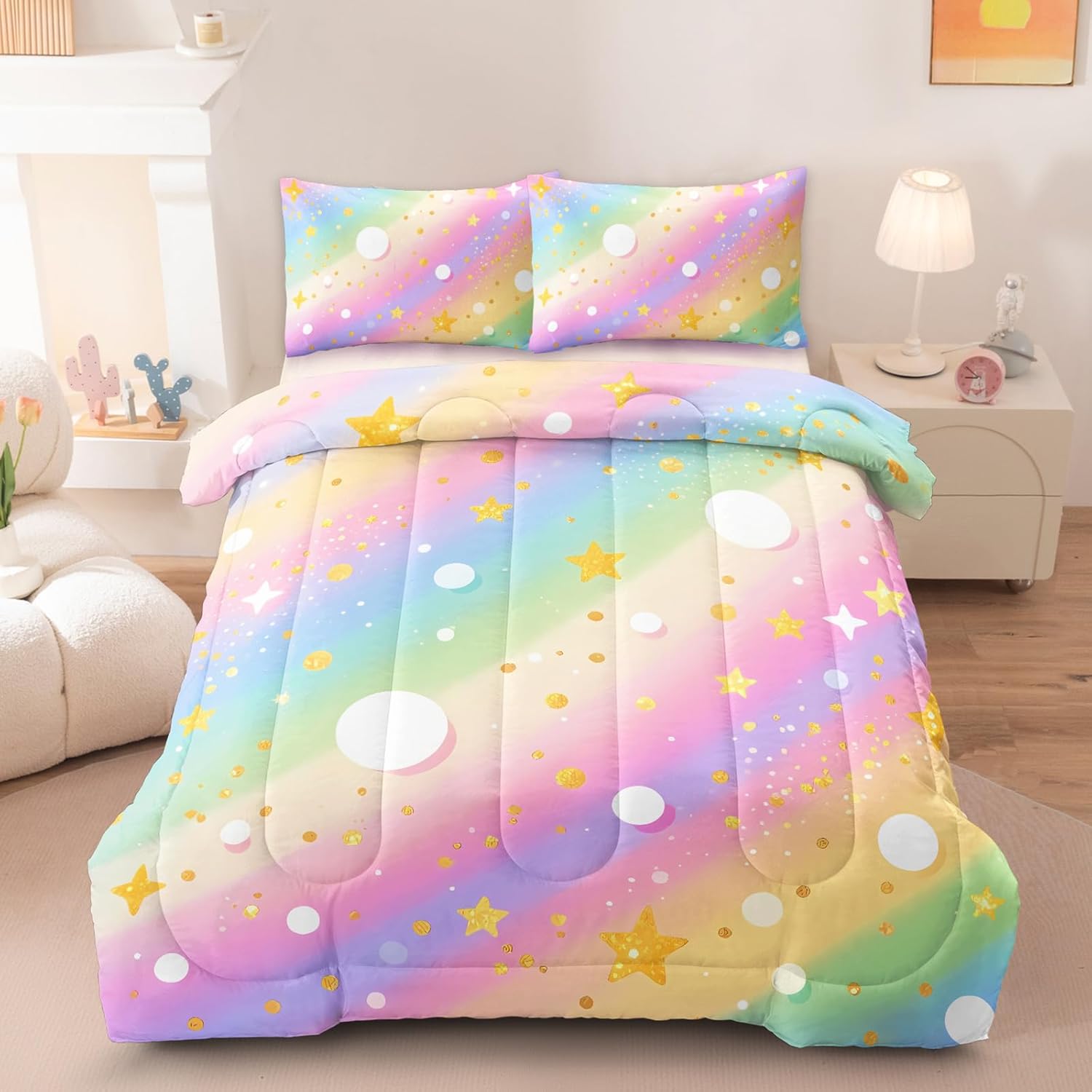 3 Pcs Full Bedding Sets for Girls, Purple Glitter Rainbow Full Size Bed Set, Stars Galaxy Bedding Comforter Set for Girls
