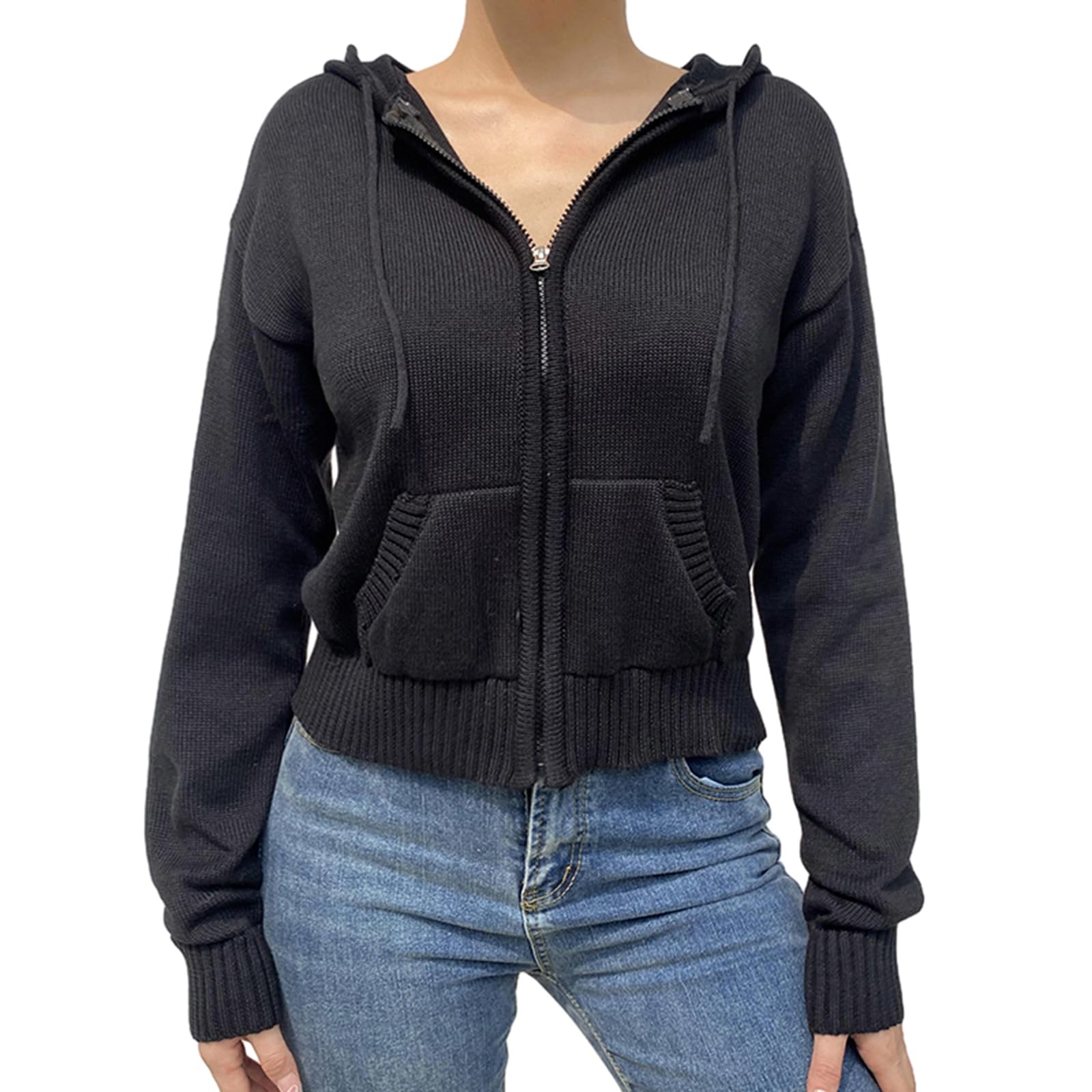 Zip Up Sweaters for Women Y2K Chunky Knit Hooded Cardigan Sweater Long Sleeve Fall Clothes Winter Jackets