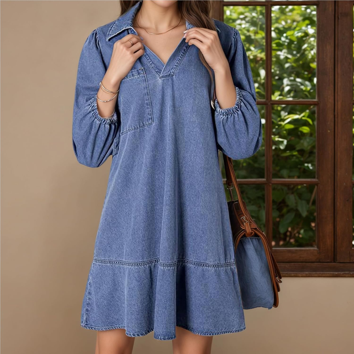 Vestido Vaquero con Capas, Cuello en V y Mangas abullonadas para Mujer, Vestidos Vaqueros con Volantes y Mangas 3/4, Vestido Vaquero Camisero Holgado de Verano con Bolsillos. (Dark Blue,XL)
