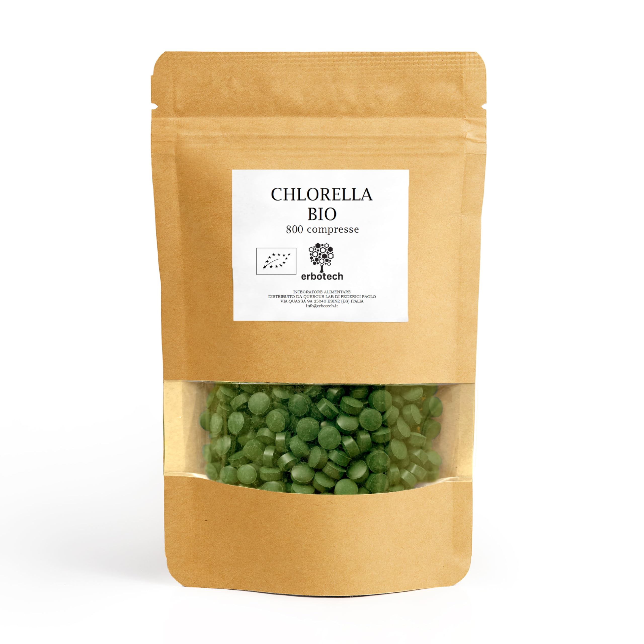 ERBOTECH, 800 organicznych tabletek chlorelli, czyste kapsułki chlorelli w opakowaniu 200 g, bogate w żelazo, kwasy omega 3 i witaminę B12, bezglutenowe, odpowiednie dla wegetarian i wegan
