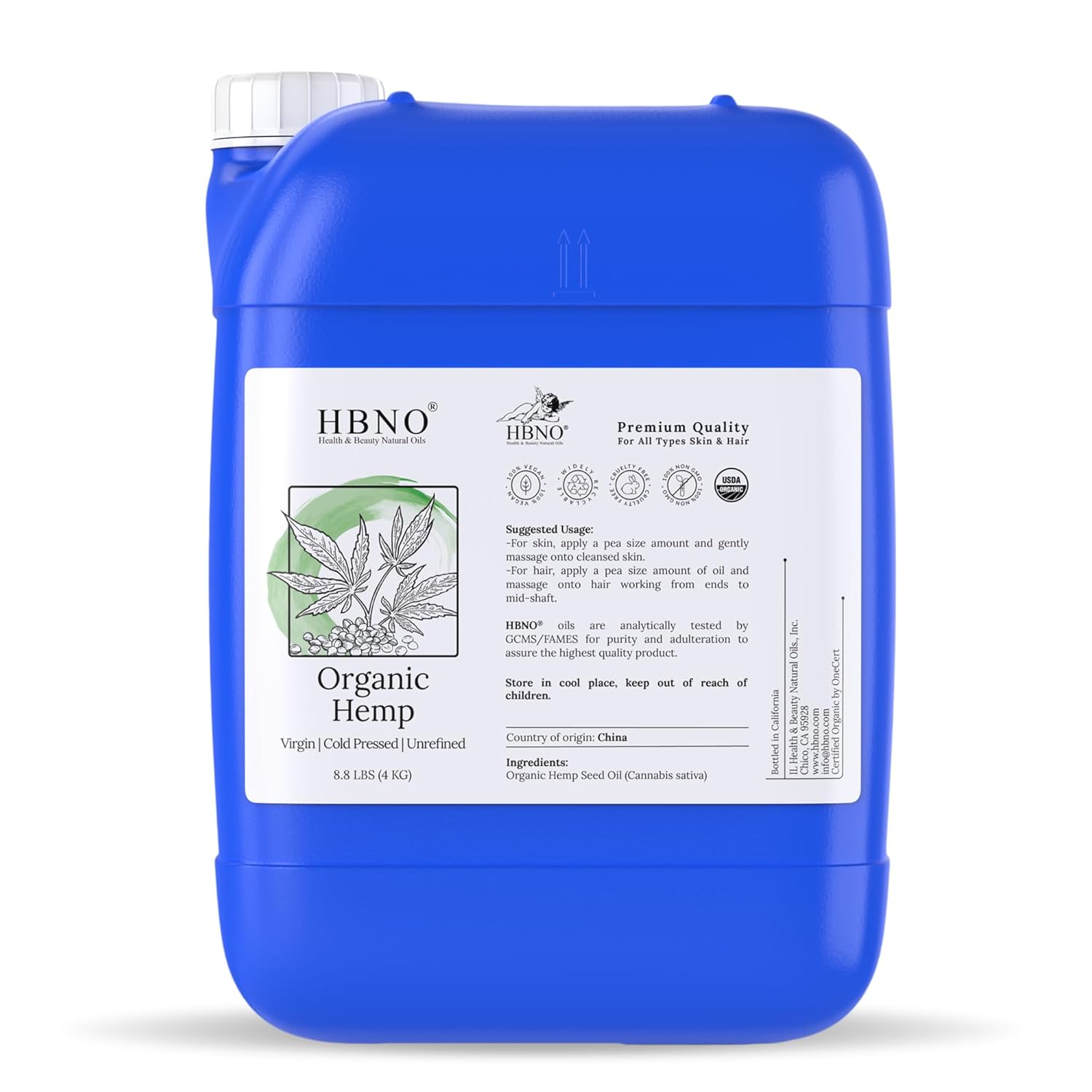 HBNO Organic Hemp Seed Oil - 8.8 lbs (4kg) - Ideal for Shampoos, Conditioners, Massage blends, Face wash, Lotions, and Skin care products