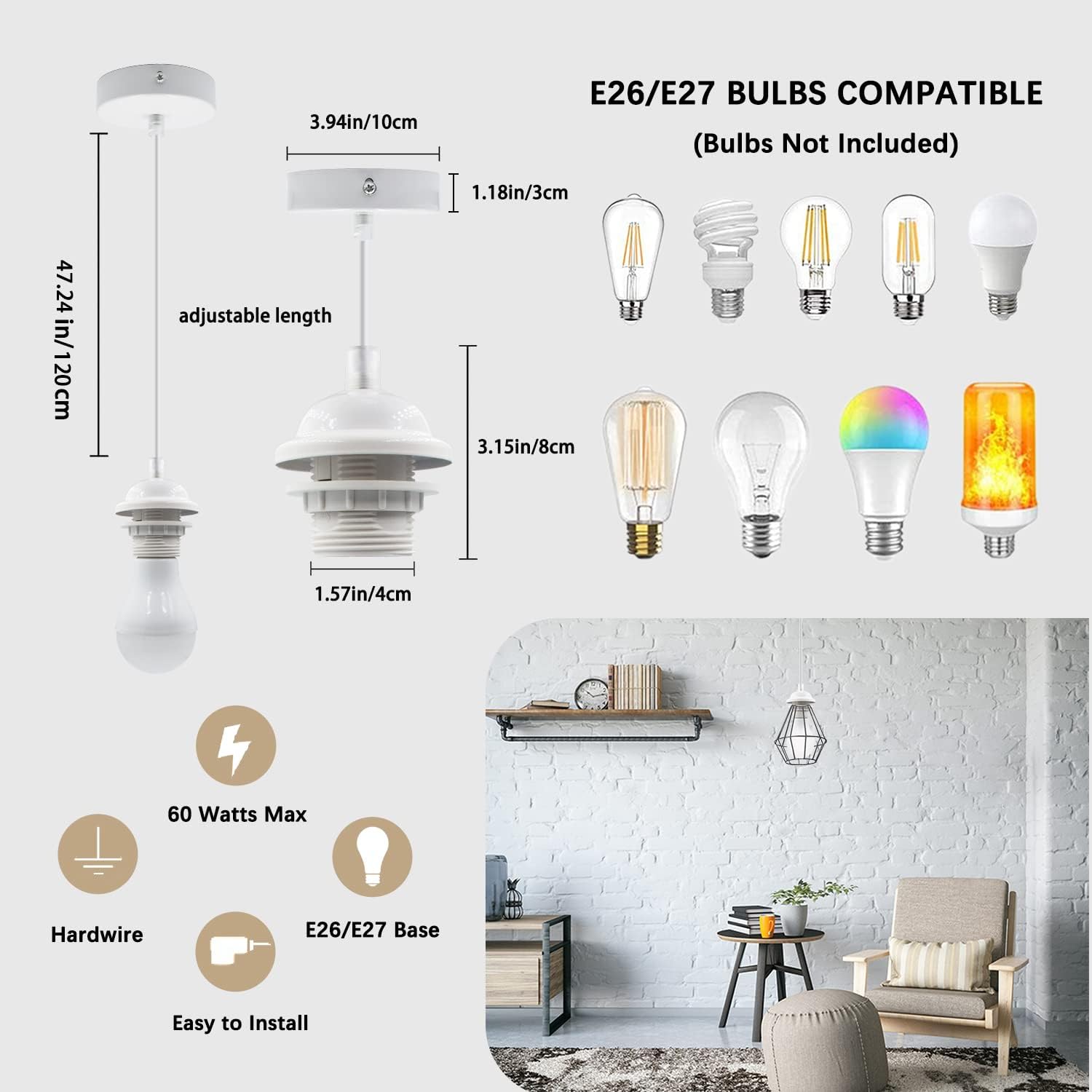 Pendant Light Kit 2pcs White Cord Holder E27 Base Hanging Lamp Lantern Socket with 3.94ft Adjustable Wire Industrial Ceiling Fixture for Kitchen Island Corridor(Bulb Not Included)
