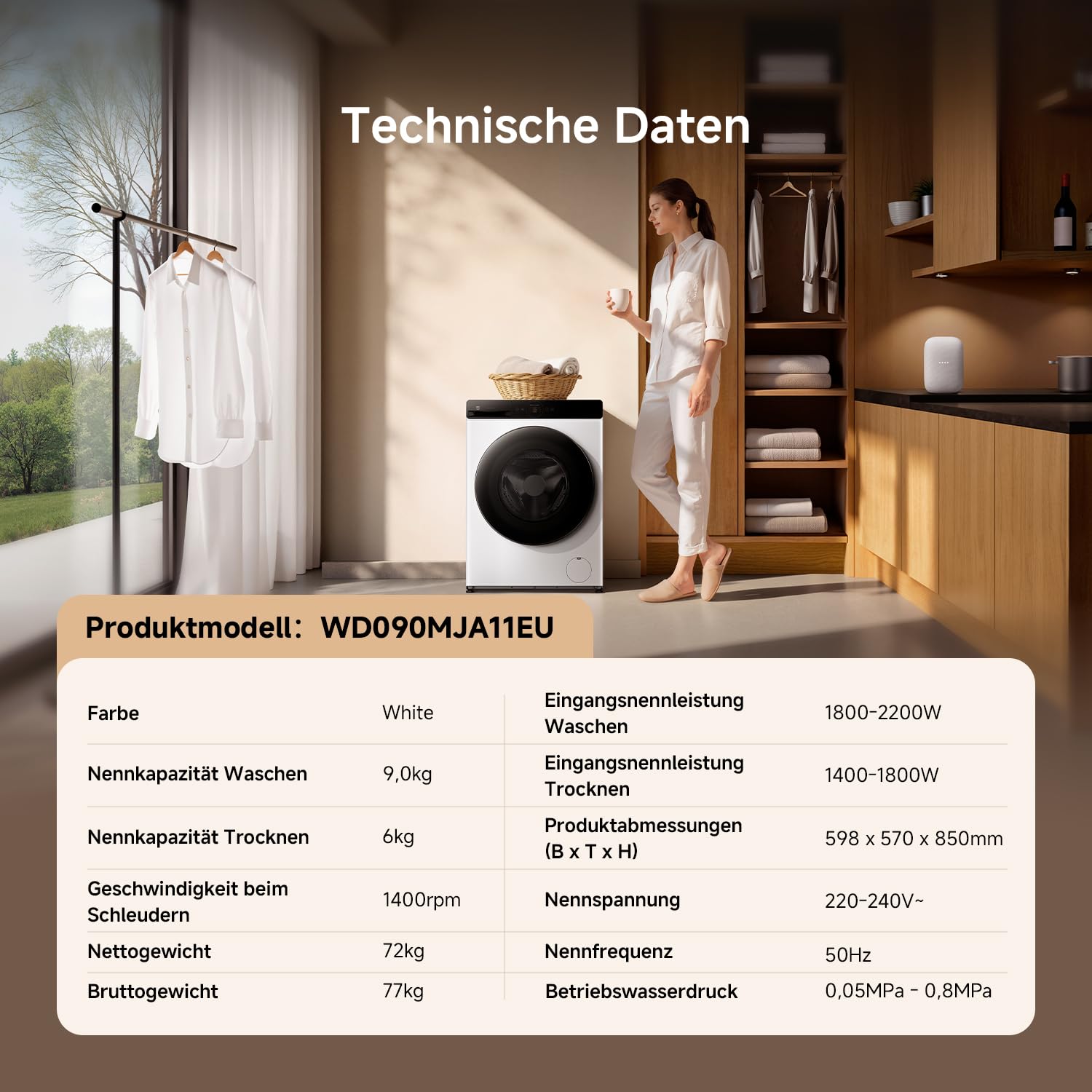 Xiaomi Mijia Front Load Washer Dryer Pro 9 kg Waschen / 6 kg Trocknen | Automatische Dosierung, Direktantrieb, Schnellwäsche, Auffrischen & Dampf-Hygiene, App-Steuerung, Weiß, A-25 % Wascheffizienz