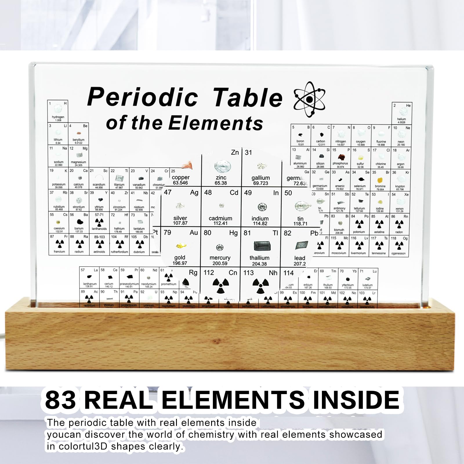 Zythtic Tavola periodica con elementi reali all'interno, tavola periodica in acrilico con 83 elementi reali, luce LED calda, supporto in legno, lente d'ingrandimento e poster da tavola periodica per