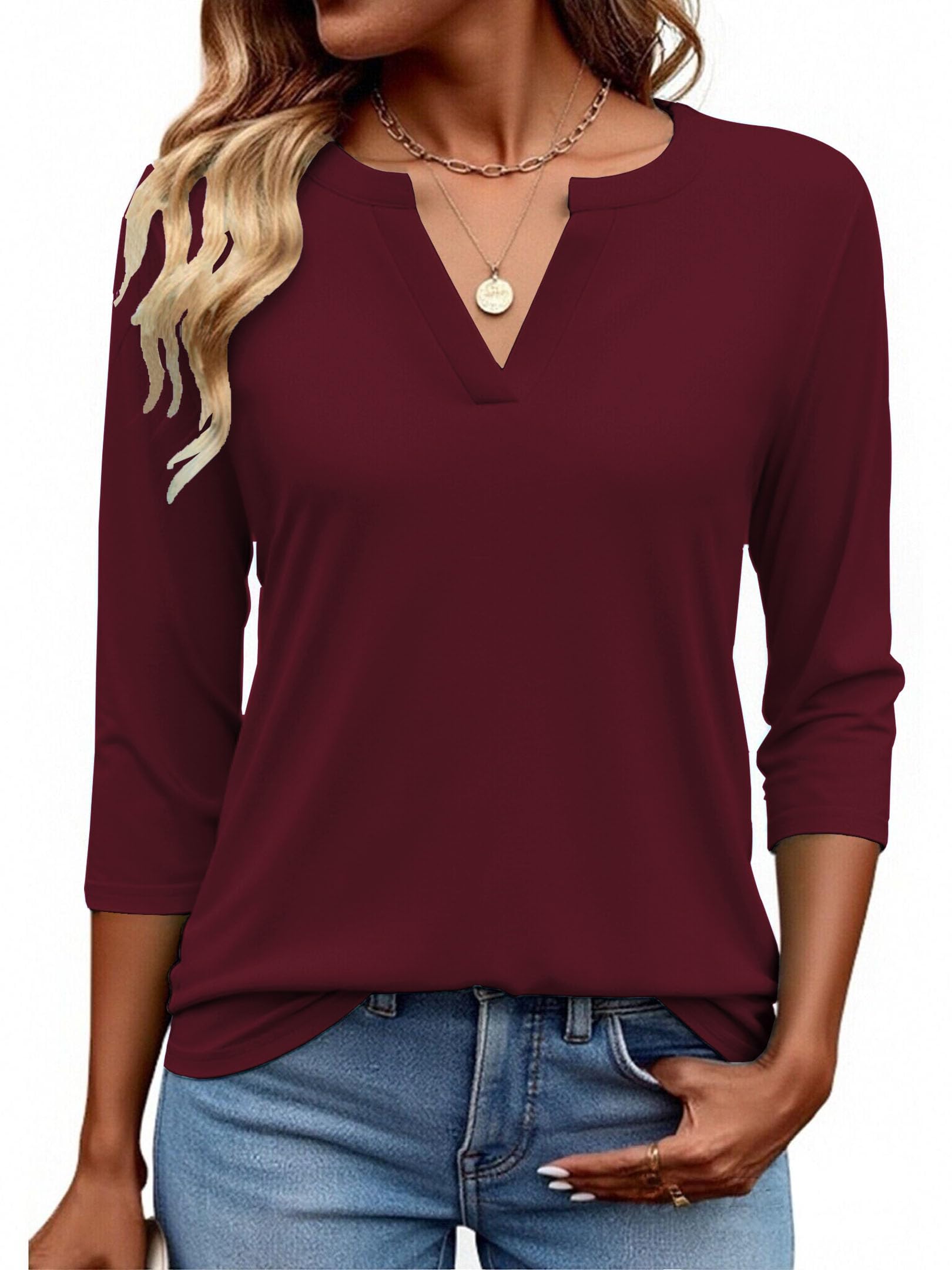 Sherosa Women's 3/4 Sleeve Shirts V Neck Casual Henley Work Tops Blouses